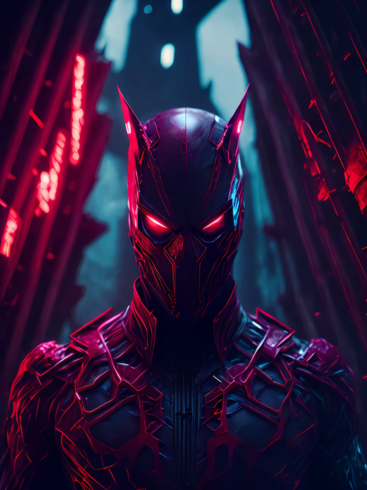 a somber portrait of Carnage from Marvel with intricate angular cybernetic implants inside a brutalist building, a gothic brutalist cathedral, cyberpunk, award-winning photos, bokeh, neon lights, cybernetic limb