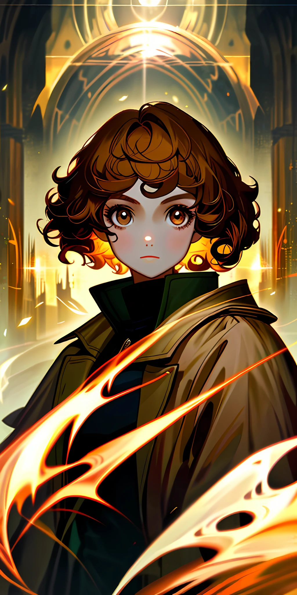 1girl, fair skin, short curled hair, coat, light brown eye, portrait