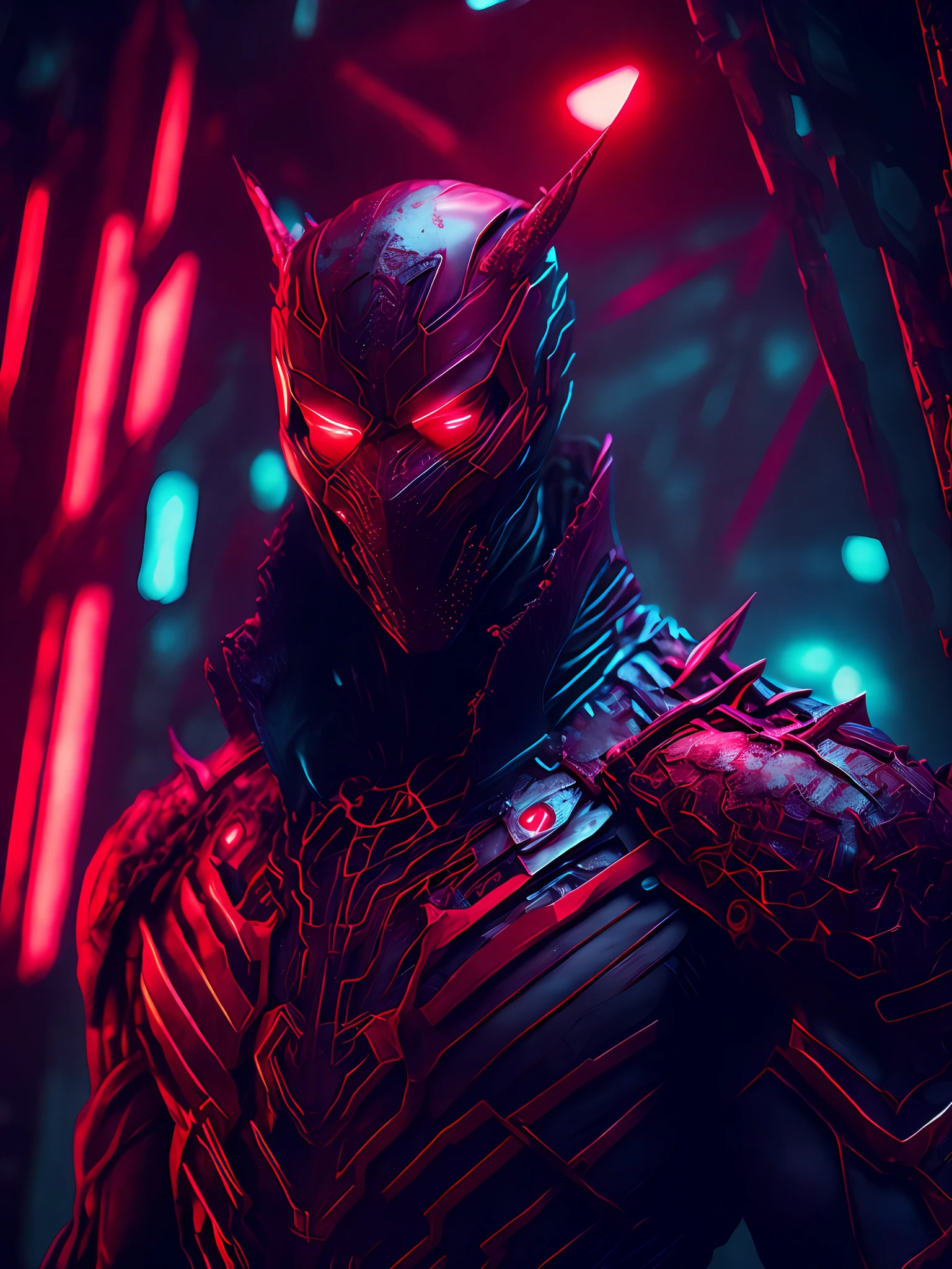 a somber portrait of Carnage from Marvel with intricate angular cybernetic implants inside a brutalist building, a gothic brutalist cathedral, cyberpunk, award-winning photos, bokeh, neon lights, cybernetic limb