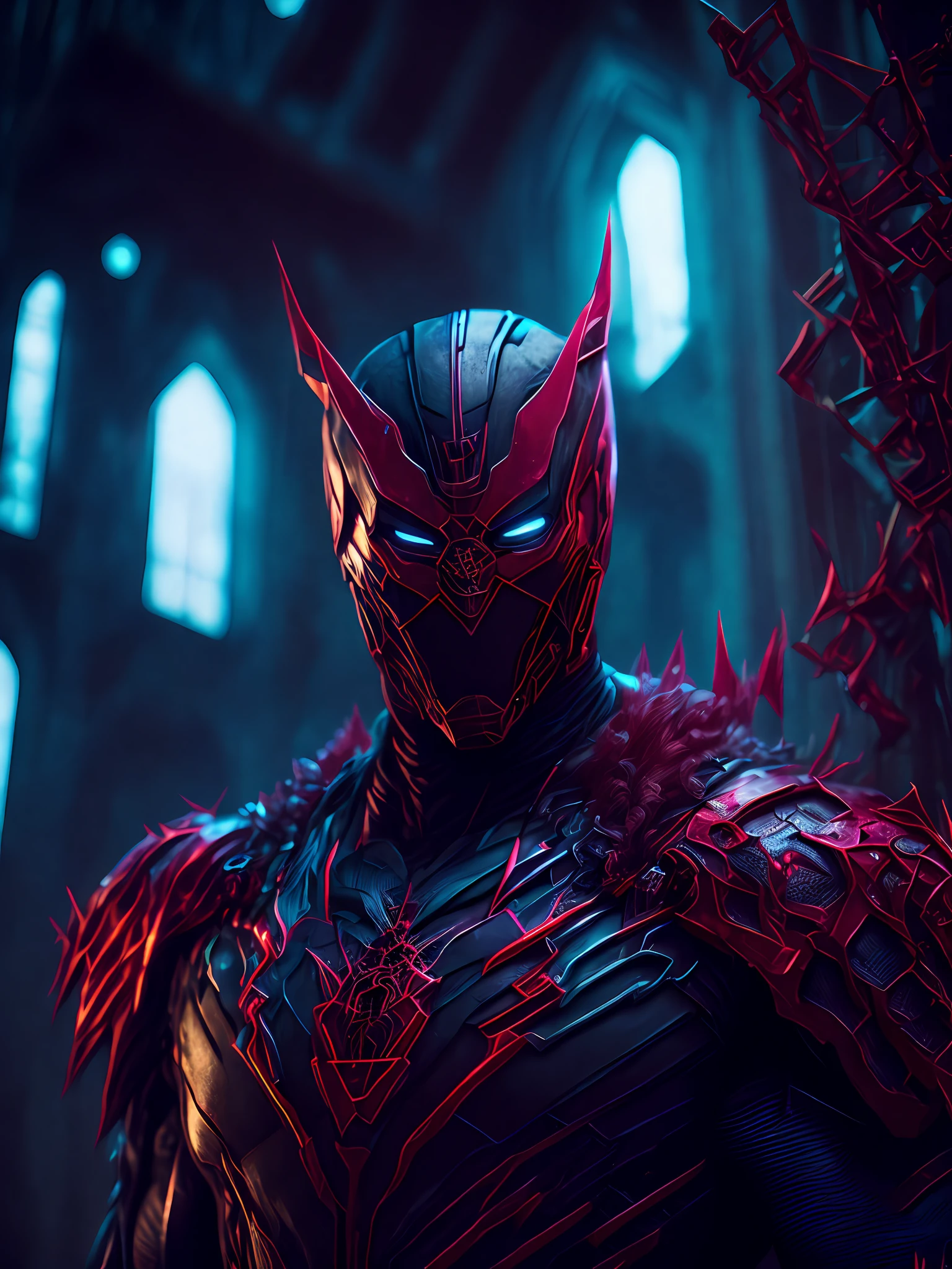 a somber portrait of Carnage from Marvel with intricate angular cybernetic implants inside a brutalist building, a gothic brutalist cathedral, cyberpunk, award-winning photos, bokeh, neon lights, cybernetic limb