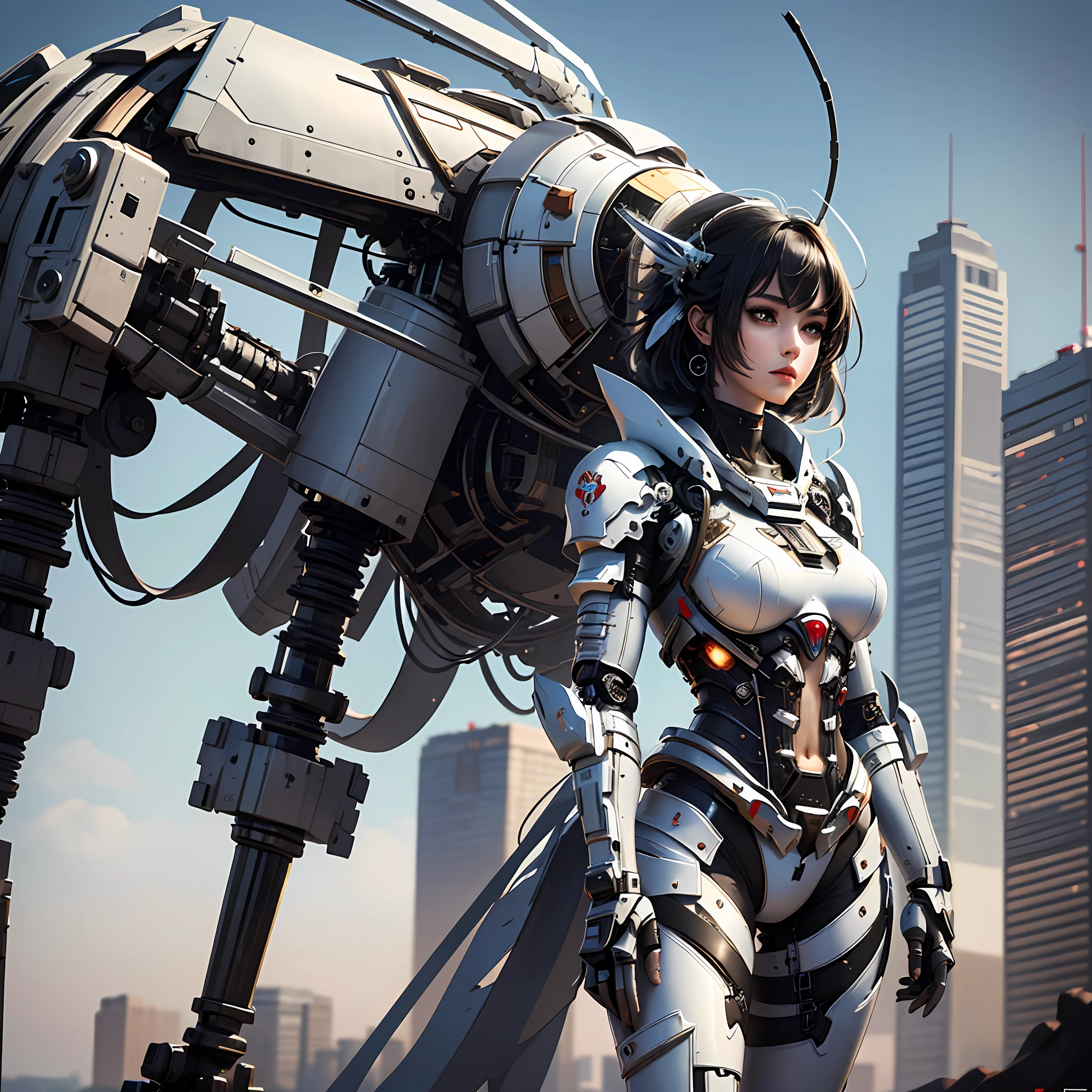 (masterpiece), (best quality), 8k resolution, RAW photo, realistic, 1girl, girl in exoskeleton, white armor, mechanical, stunning beauty, full body, standing beside a big gundam style robot, stand, cool pose