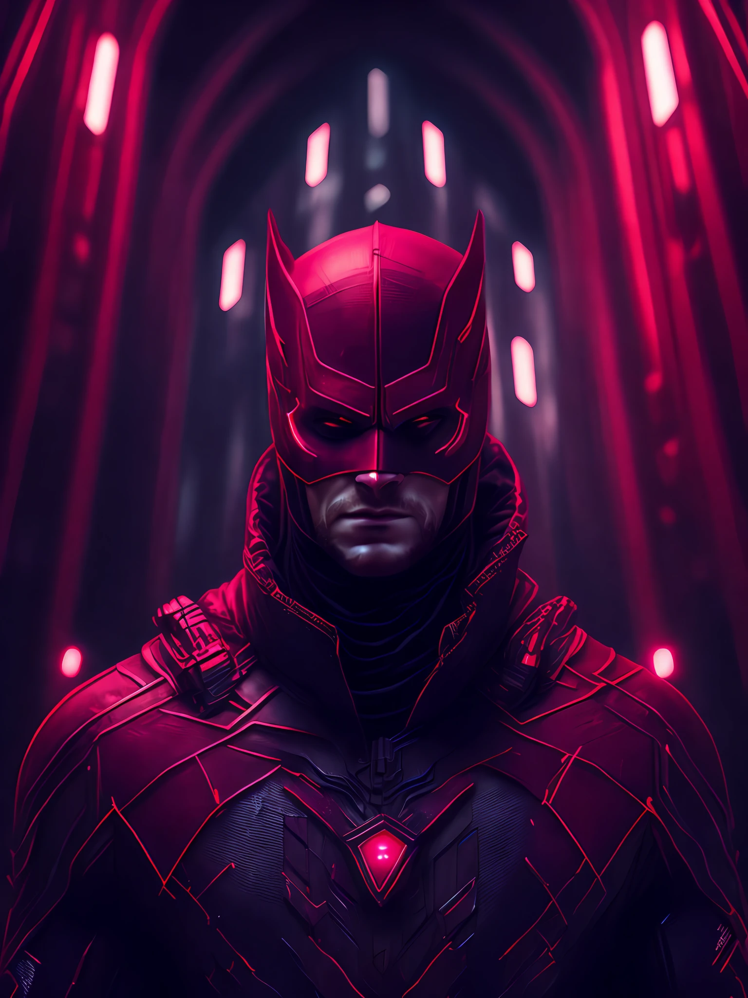 gloomy portrait of Daredevil from Marvel with intricate angular cybernetic implants inside a brutalist building, gothic brutalist cathedral, cyberpunk, award-winning photo, bokeh, neon lights, cybernetic limb