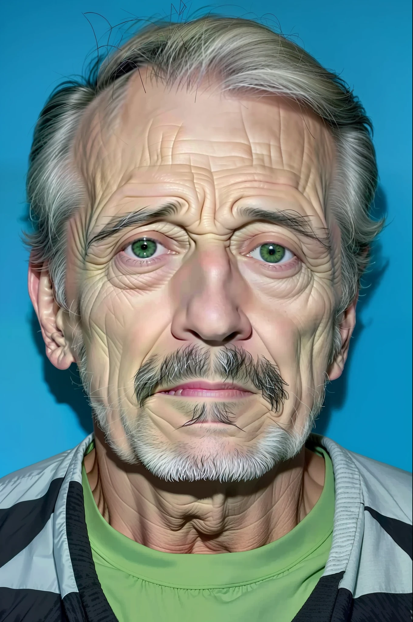 A closeup of a man in a green shirt and a black and white sweater, photo of a 50-year-old white man, scariest looking man alive, uncovered photo, Kenneth Willardt, absolutely exceptional image, he's about 25 years old, photo of a man, Bill Sienckiwicz, Alton Kelley