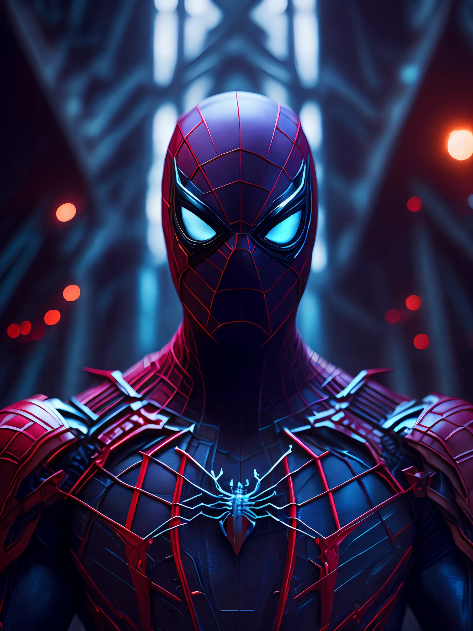 gloomy portrait of Iron Spider-Man from Marvel with intricate angular cybernetic implants inside a brutalist building, gothic brutalist cathedral, cyberpunk, award-winning photo, bokeh, neon lights, cybernetic limb