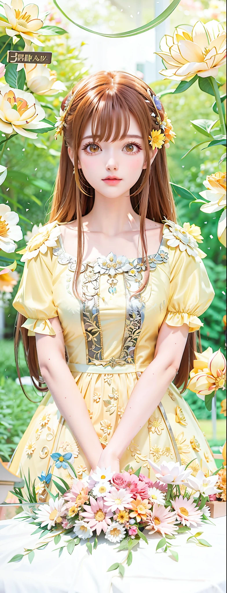 a woman in a yellow dress with white lace standing in front of a flower garden, my anime dress, vintage Shoujo, ((a beautiful fantasy empress)), a maid in a magical forest, she is the center of the garden, anime princess, in dress, beautiful sunflower anime girl, daytime ethereal anime, classic shoujo, anime visual of a cute girl, straight reddish-brown hair with straight bangs, yellow flower in hair, yellow roses, pink flower centerpiece,