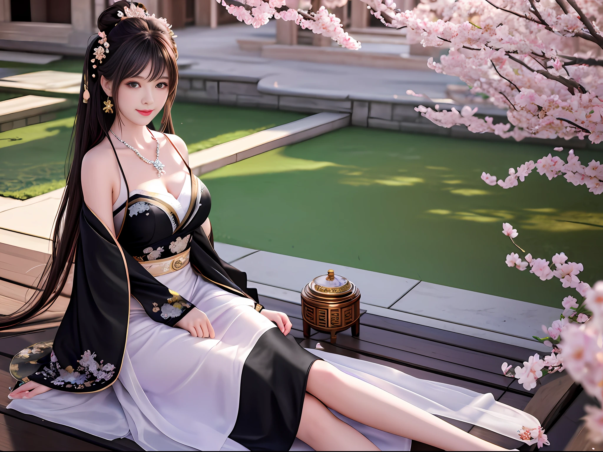 Excellent, masterpiece, high resolution, 8k, wallpaper, (((a girl))), (((solo))), sitting on a stool, blush, star pupils, (realistic face), (high detail face), bright big eyes, (smile: 0.8), beautiful and delicate face, sexy body, (high detail skin: 1.2), Chinese hanfu, ((black dress)), leaky shoulders, bandeau, cleavage, big boobs, long hair, bangs, hair buns, hair accessories, necklaces, jewelry, beauty, realistic, light edges, Ancient courtyard, courtyard full of plum blossoms, 8k uhd, SLR, soft light, high quality, volumetric lighting, candid shot, photo, high resolution, 4k, background bokeh