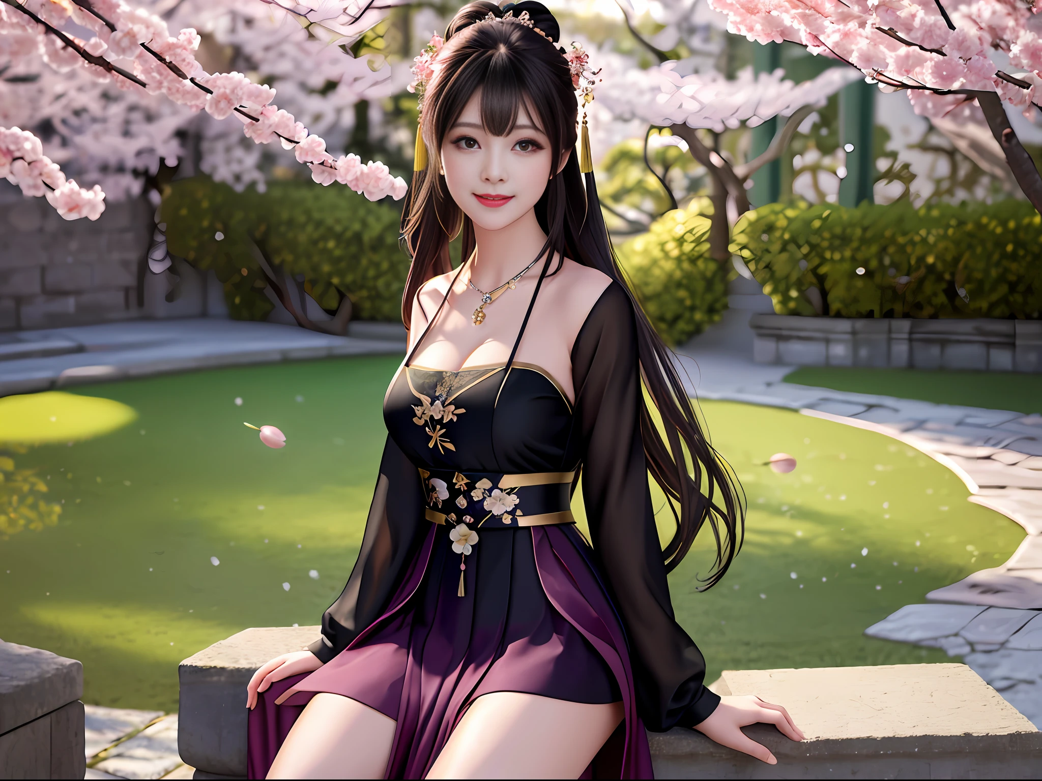 Excellent, masterpiece, high resolution, 8k, wallpaper, (((a girl))), (((solo))), sitting on a stool, blush, star pupils, (realistic face), (high detail face), bright big eyes, (smile: 0.8), beautiful and delicate face, sexy body, (high detail skin: 1.2), Chinese hanfu, ((black dress)), leaky shoulders, bandeau, cleavage, big boobs, long hair, bangs, hair buns, hair accessories, necklaces, jewelry, beauty, realistic, light edges, Ancient courtyard, courtyard full of plum blossoms, 8k uhd, SLR, soft light, high quality, volumetric lighting, candid shot, photo, high resolution, 4k, background bokeh