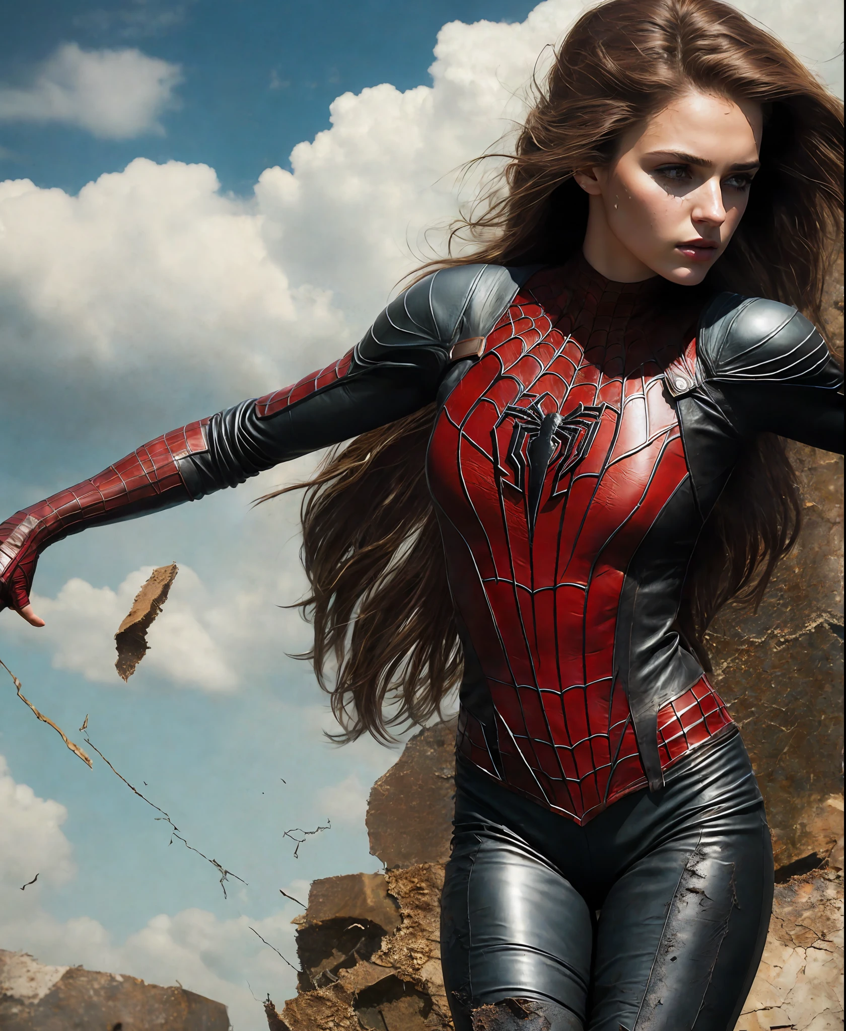 1girl, spiderwoman, photo, HD, 8k, photo, realistic.action shot, skin pores, very dark lighting, photorealistic, realistic, dramatic, dark, sharp focus, 8k), (weathered damaged old worn leather outfit:1.4), clouds , sun, space earth,