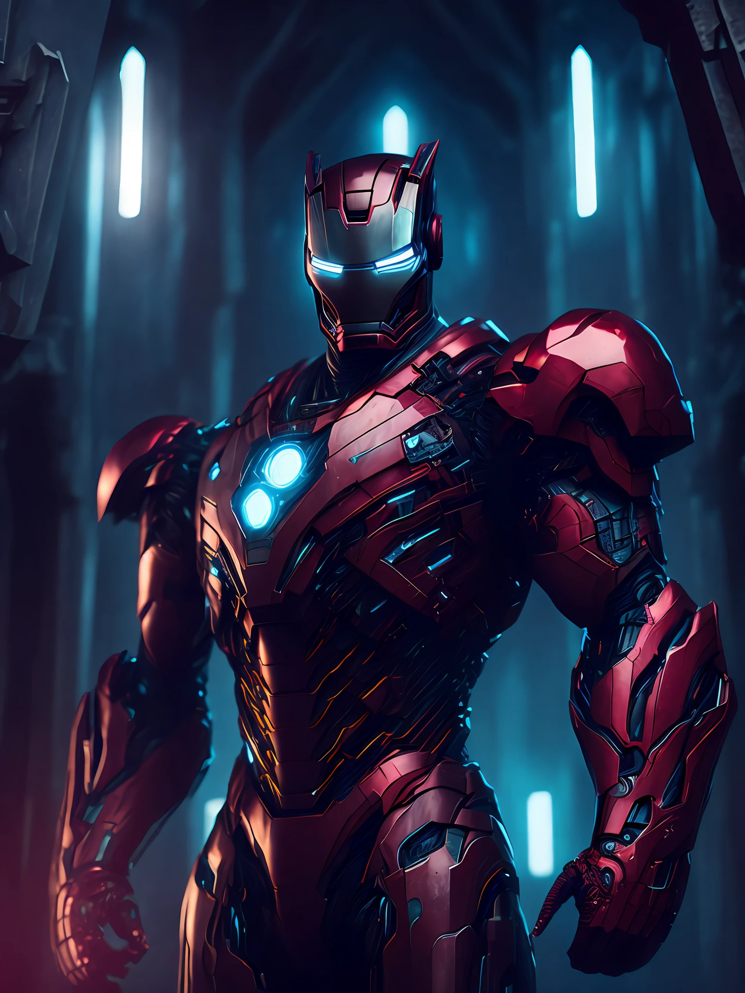 gloomy portrait of Iron Man from Marvel with intricate angular cybernetic implants inside a brutalist building, gothic brutalist cathedral, cyberpunk, award-winning photo, bokeh, neon lights, cybernetic limb