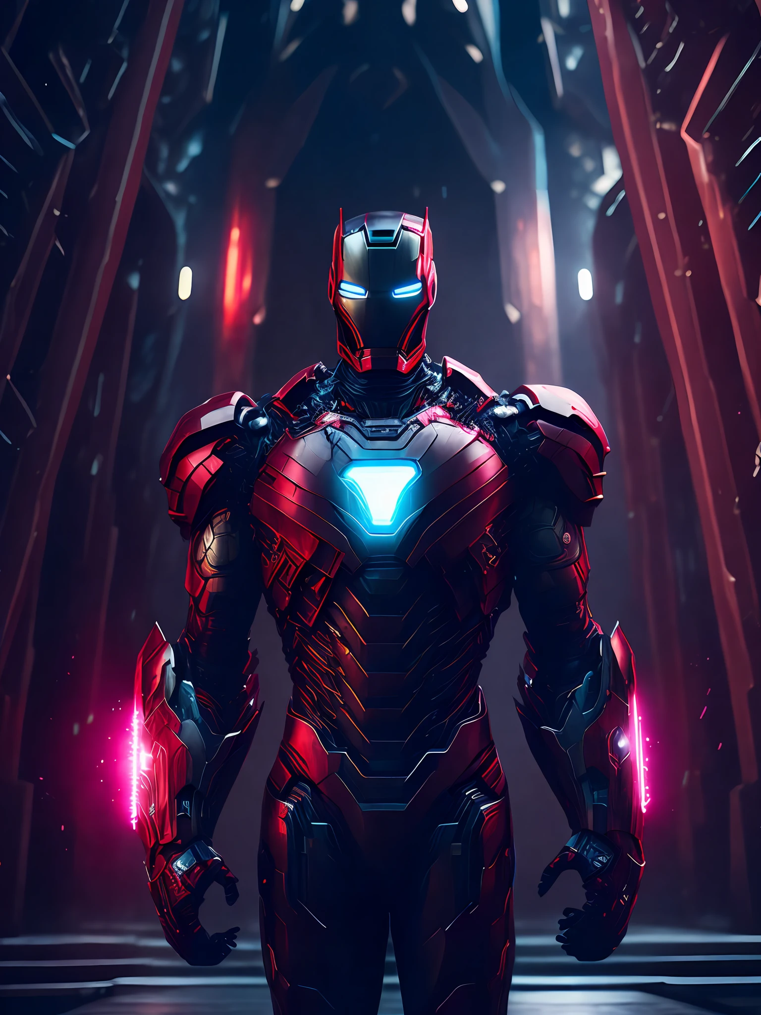 gloomy portrait of Iron Man from Marvel with intricate angular cybernetic implants inside a brutalist building, gothic brutalist cathedral, cyberpunk, award-winning photo, bokeh, neon lights, cybernetic limb