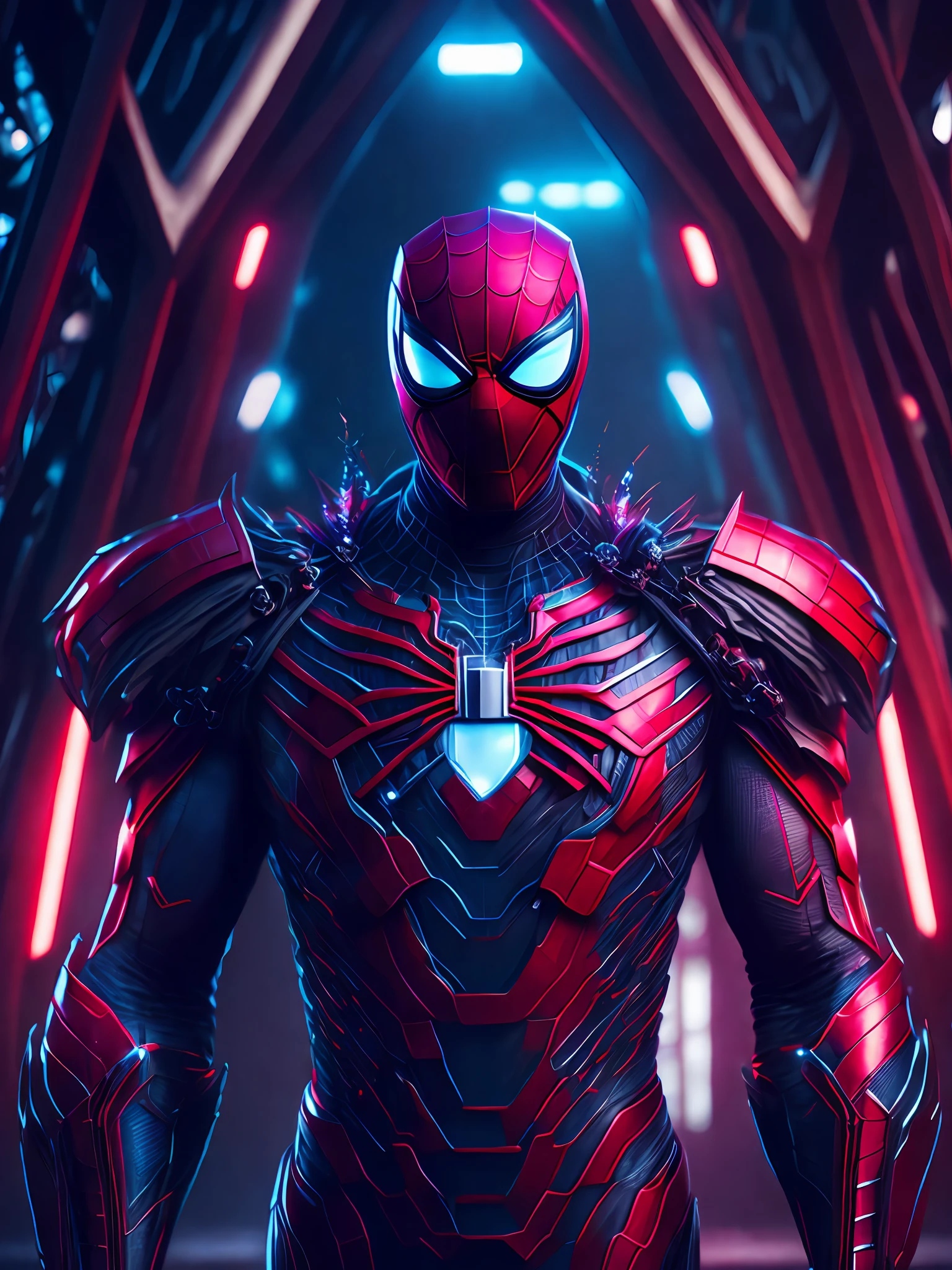 grim portrait of Spider-Man in Iron Man suit from Marvel with intricate angular cybernetic implants inside a brutalist building, gothic brutalist cathedral, cyberpunk, award-winning photo, bokeh, neon lights, cybernetic limb