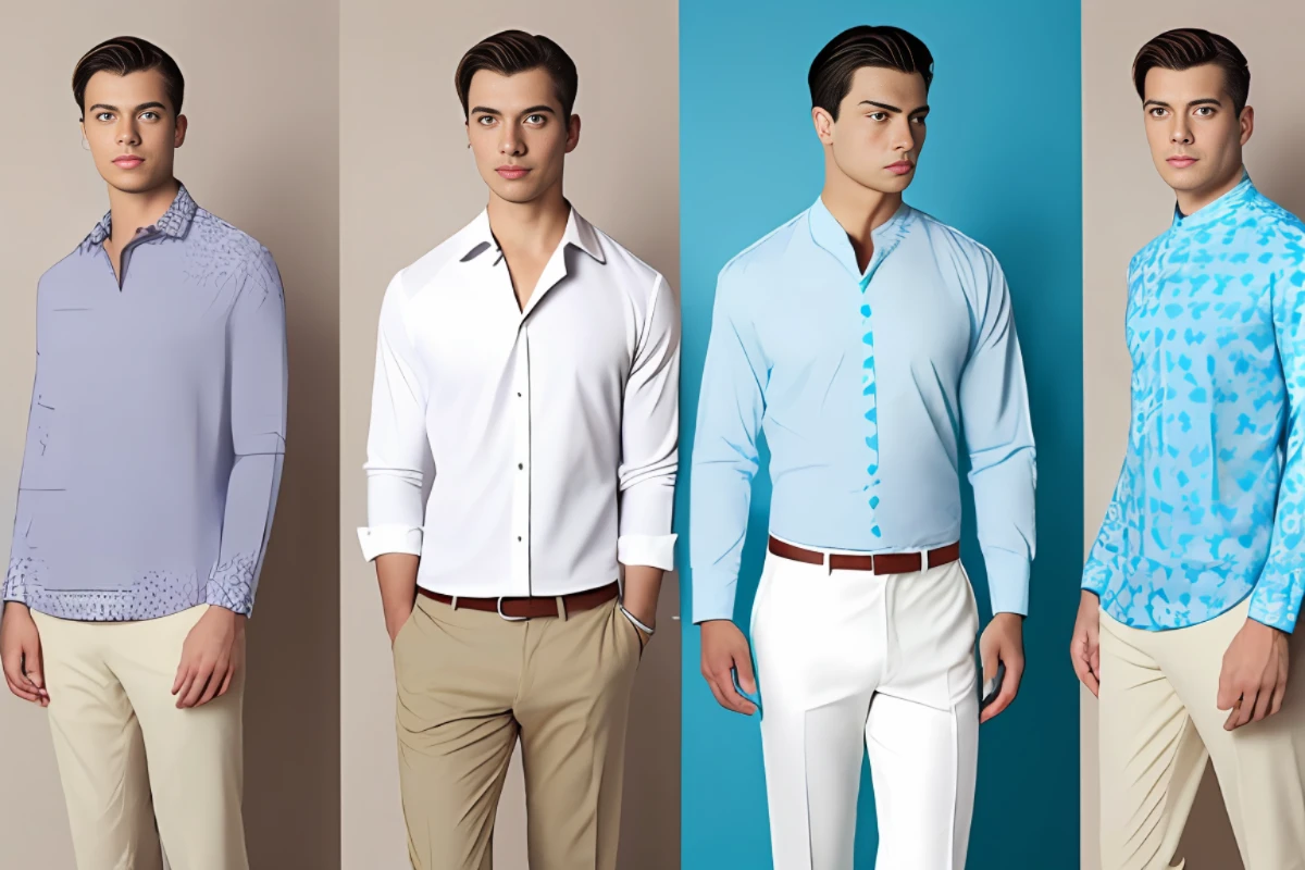 5. Elegant and informed: white printed shirt + beige trousers
Deep coffee and rice costumes are combined, and they have always been excellent tunes for women to grasp. But in men's wear, it can also show a warmer, cultural atmosphere. A patterned, light-blue long-sleeved shirt with a white background is weakly tied with an inner shore collar that can be loosened or tightened in front of it, which perfectly matches the clean, bright beige trousers. Please take full-body photos, look at the camera, 8K HD with DSLR, high resolution, realistic feel and shallow depth of field (0.8).