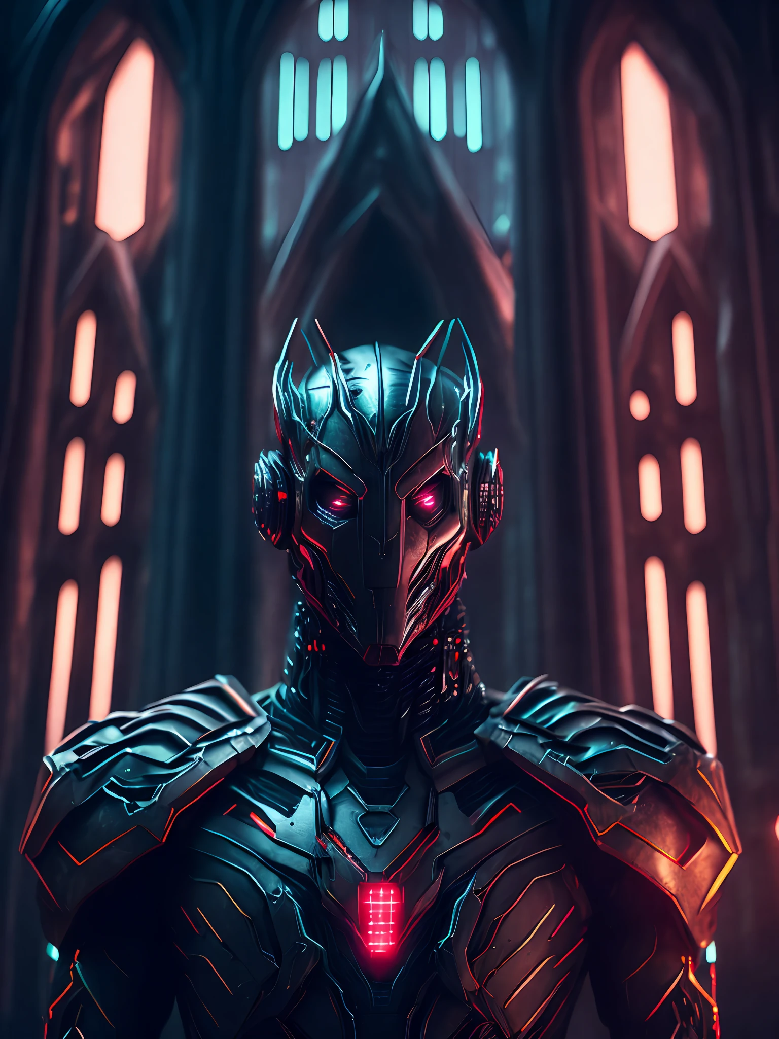 gloomy portrait of Ultron from Marvel with intricate angular cybernetic implants inside a brutalist building, gothic brutalist cathedral, cyberpunk, award-winning photo, bokeh, neon lights, cybernetic limb