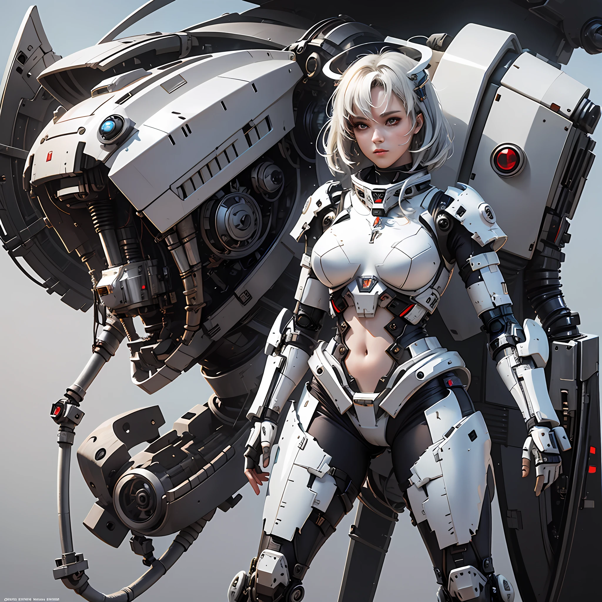 (masterpiece), (best quality), 8k resolution, RAW photo, realistic, 1girl, girl in exoskeleton, white armor, mechanical, stunning beauty, full body, standing beside a big gundam style robot, stand, cool pose