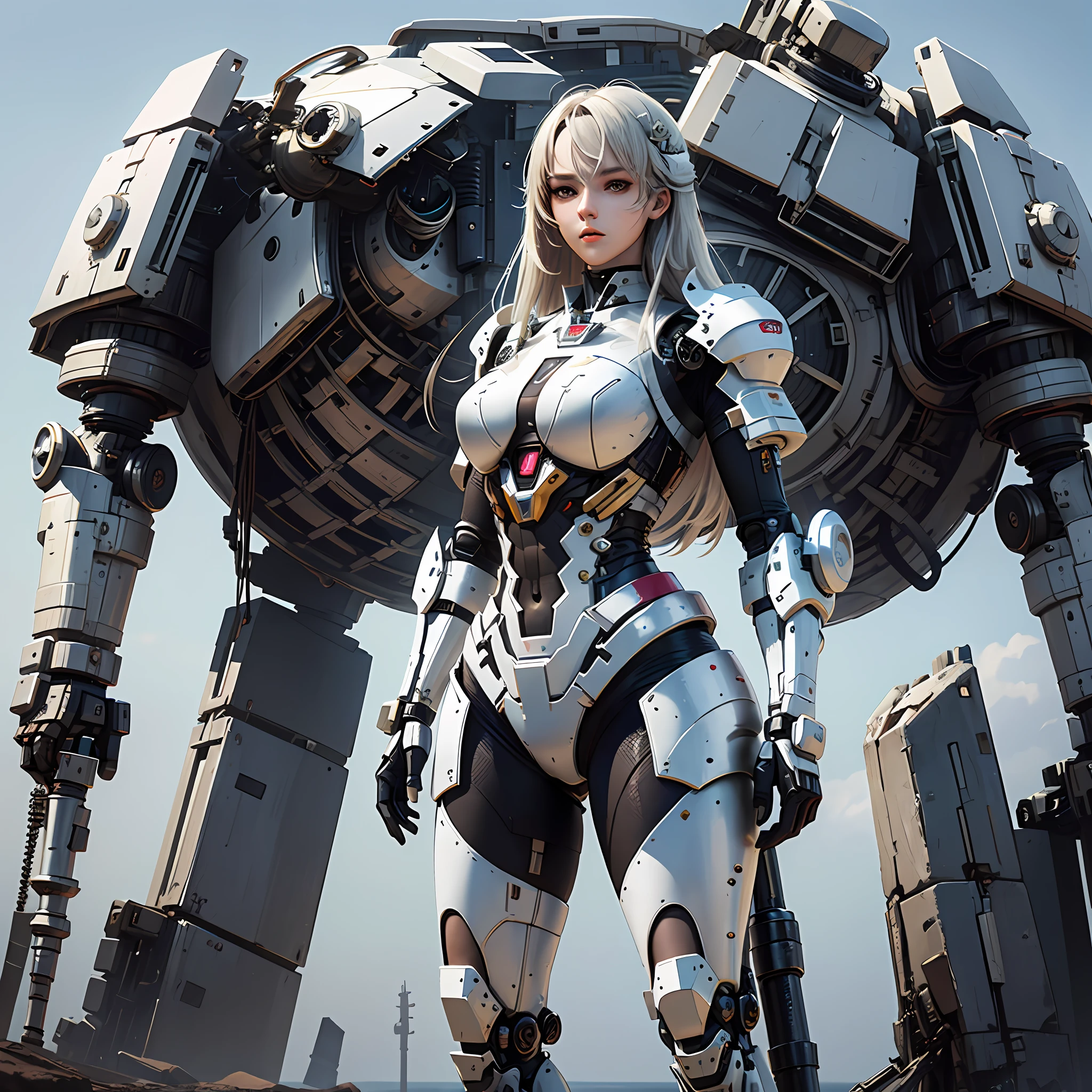 (masterpiece), (best quality), 8k resolution, RAW photo, realistic, 1girl, girl in exoskeleton, white armor, mechanical, stunning beauty, full body, standing beside a big gundam style robot, stand, cool pose