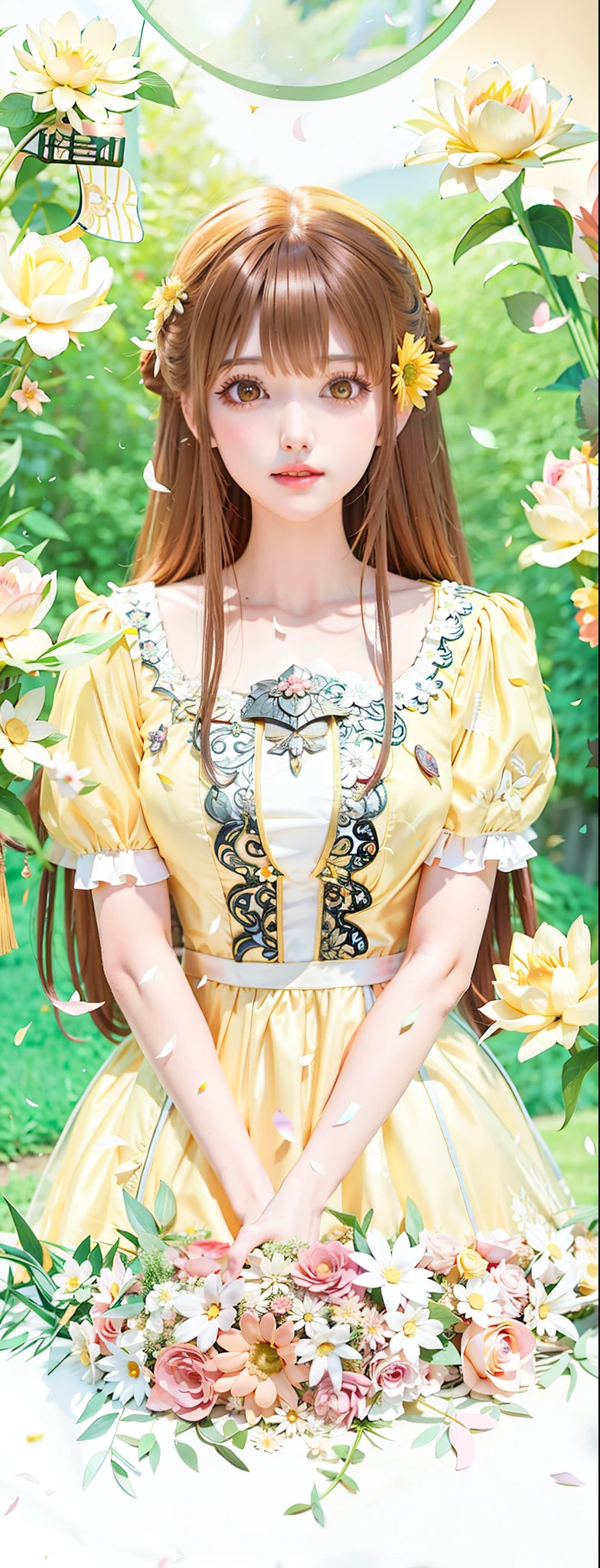 a woman in a yellow dress with white lace standing in front of a flower garden, my anime dress, vintage Shoujo, ((a beautiful fantasy empress)), a maid in a magical forest, she is the center of the garden, anime princess,  in dress, beautiful sunflower anime girl, daytime ethereal anime, classic shoujo, anime visual of a cute girl,  straight reddish-brown hair with straight bangs, yellow flower in hair, yellow roses, pink flower centerpiece,