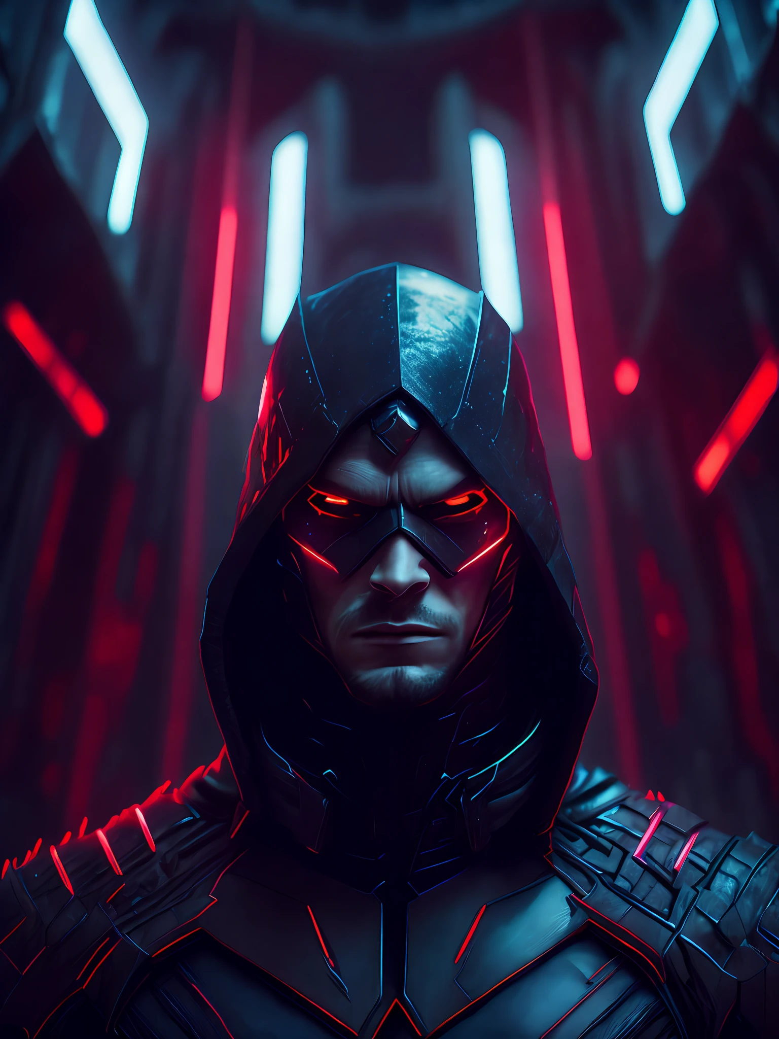 gloomy portrait of Evil Daredevil from Marvel with intricate angular cybernetic implants inside a brutalist building, gothic brutalist cathedral, cyberpunk, award-winning photo, bokeh, neon lights, cybernetic limb