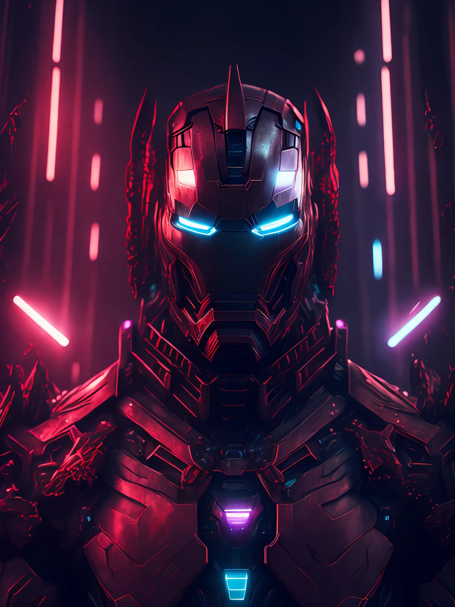 gloomy portrait of Evil Iron Man from Marvel with intricate angular cybernetic implants inside a brutalist building, gothic brutalist cathedral, cyberpunk, award-winning photo, bokeh, neon lights, cybernetic limb
