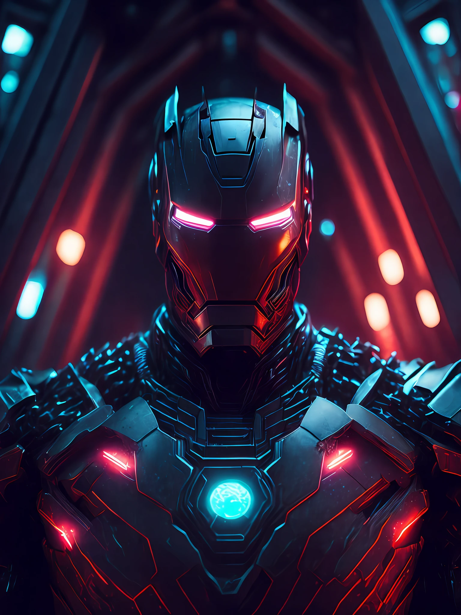 gloomy portrait of Evil Iron Man from Marvel with intricate angular cybernetic implants inside a brutalist building, gothic brutalist cathedral, cyberpunk, award-winning photo, bokeh, neon lights, cybernetic limb