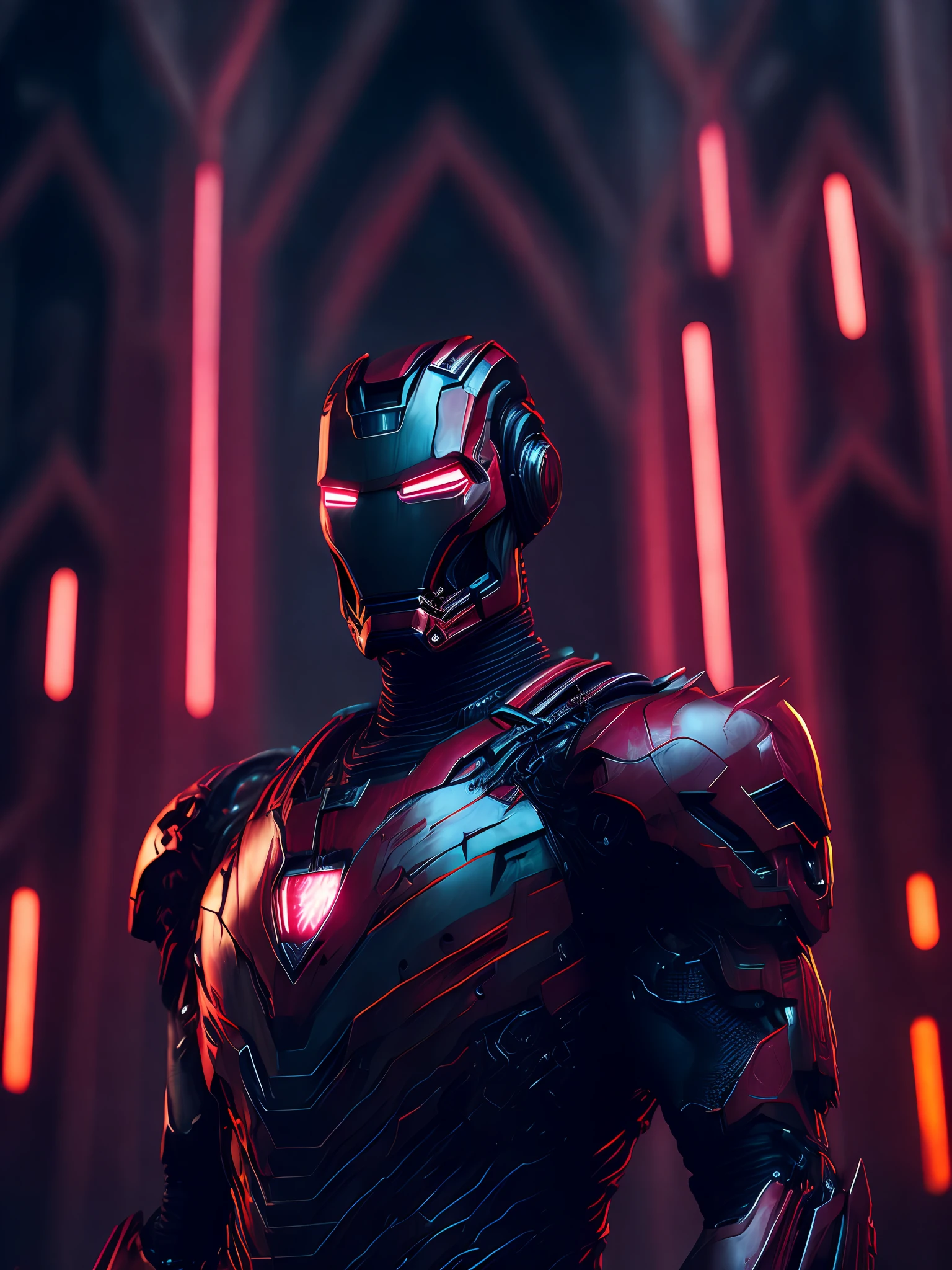 gloomy portrait of Evil Iron Man from Marvel with intricate angular cybernetic implants inside a brutalist building, gothic brutalist cathedral, cyberpunk, award-winning photo, bokeh, neon lights, cybernetic limb