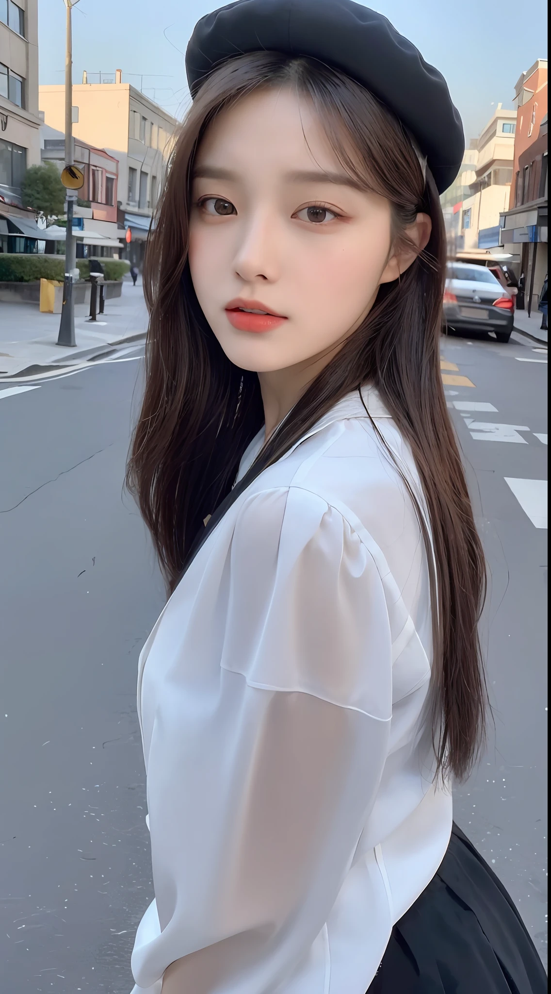 ((Best Quality, 8K, Masterpiece: 1.3)), (Uniform: 1.5), (Newsboy Hat: 1.3), Focus: 1.2, Perfect Body Beauty: 1.4, Buttocks: 1.2, (Layered Haircut: 1.2)), , (Street: 1.3), Highly detailed face and skin texture, Full body, delicate eyes, Double eyelids, whitening skin, long hair, (round face: 1.5),