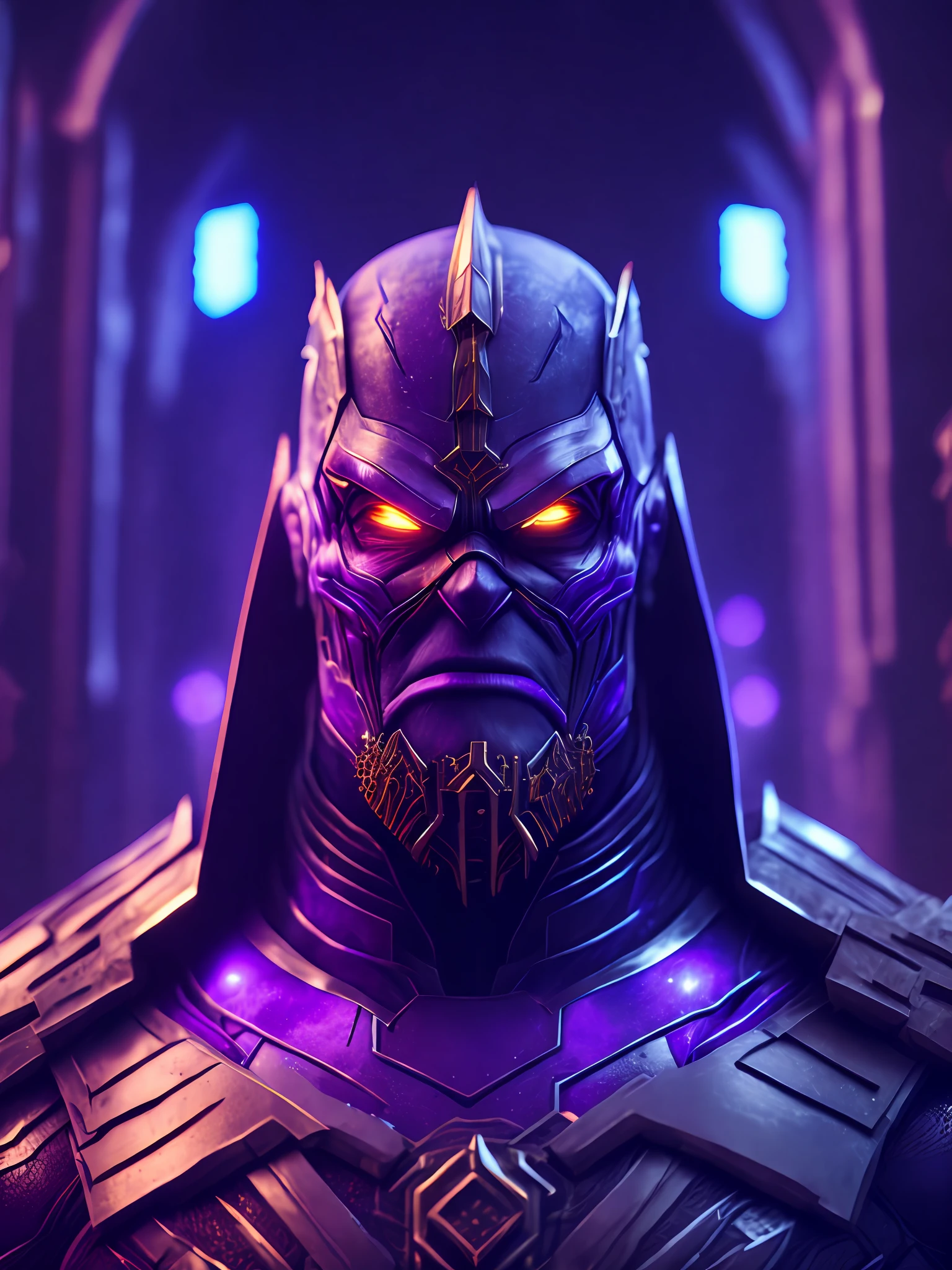 gloomy portrait of Evil Thanos from Marvel with intricate angular cybernetic implants inside a brutalist building, gothic brutalist cathedral, cyberpunk, award-winning photo, bokeh, neon lights, cybernetic limb