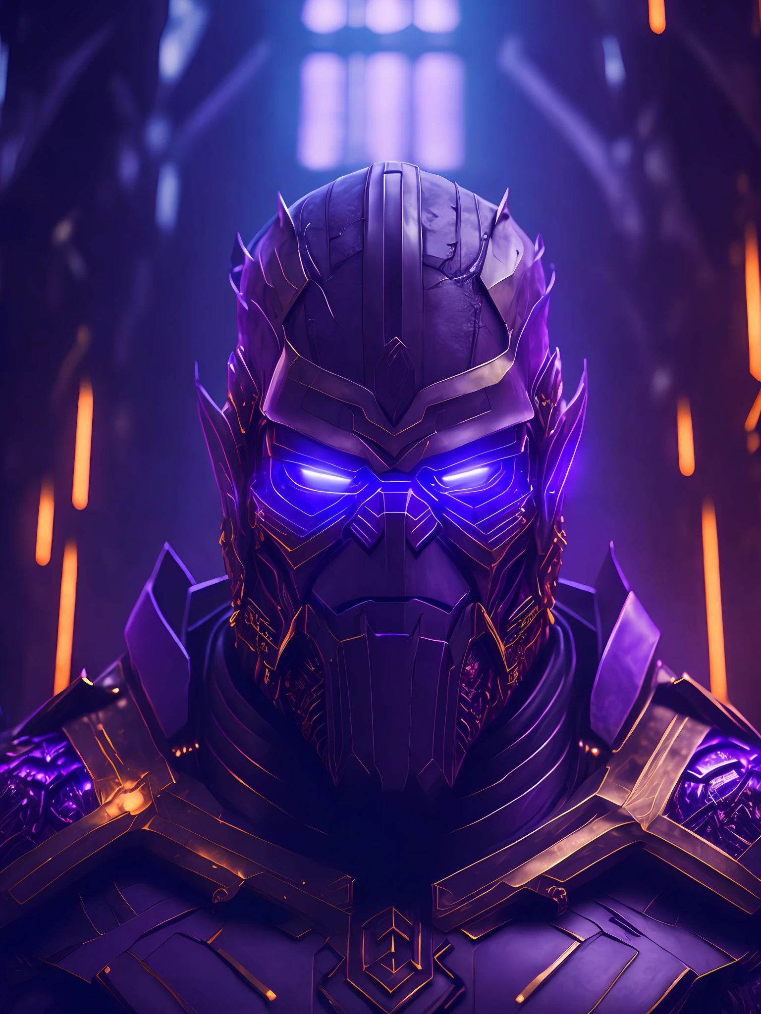 gloomy portrait of Evil Thanos from Marvel with intricate angular cybernetic implants inside a brutalist building, gothic brutalist cathedral, cyberpunk, award-winning photo, bokeh, neon lights, cybernetic limb