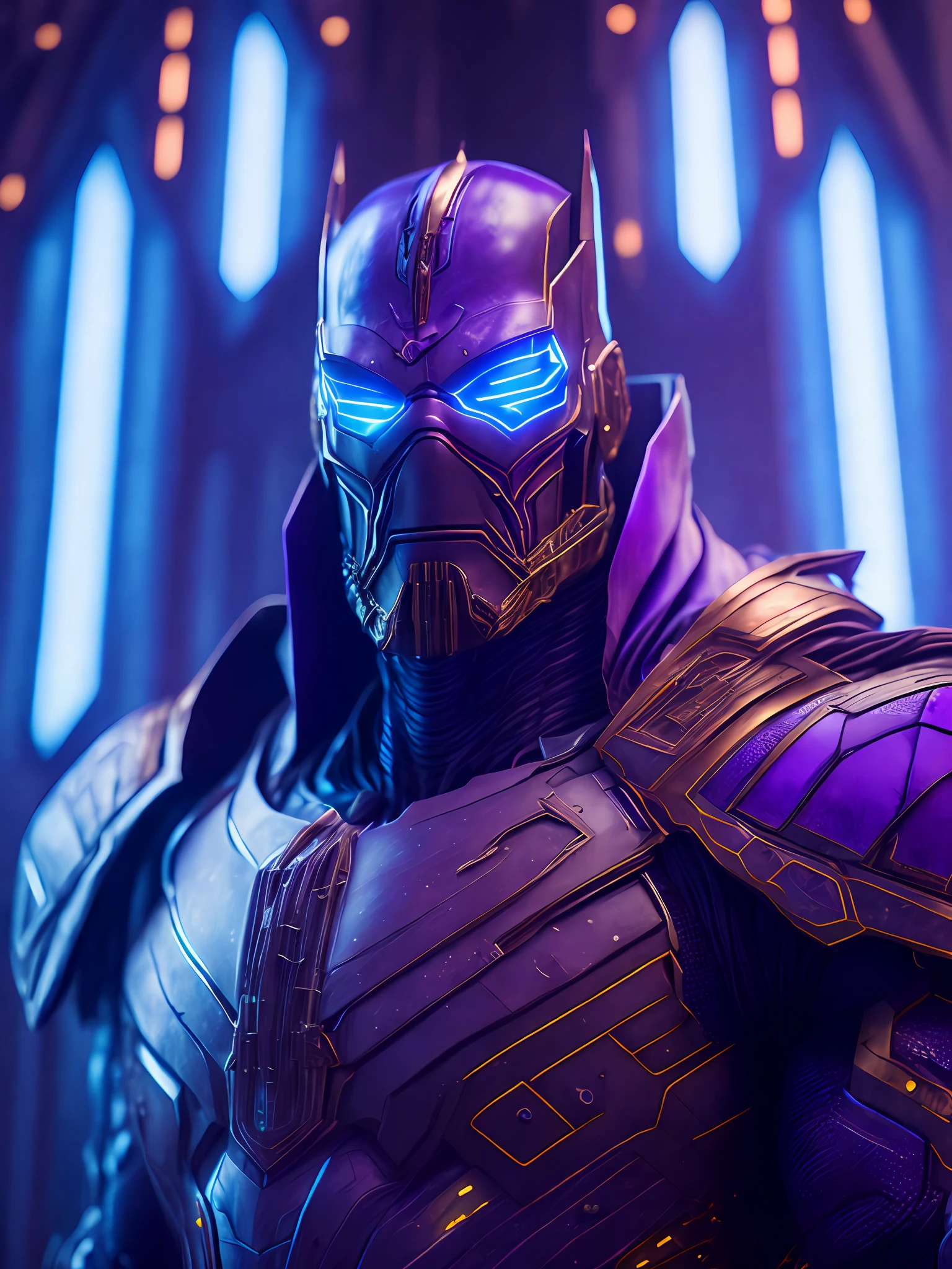 a somber portrait of Cyborg Thanos from Marvel with intricate angular cybernetic implants inside a brutalist building, a gothic brutalist cathedral, cyberpunk, award-winning photos, bokeh, neon lights, cybernetic limb