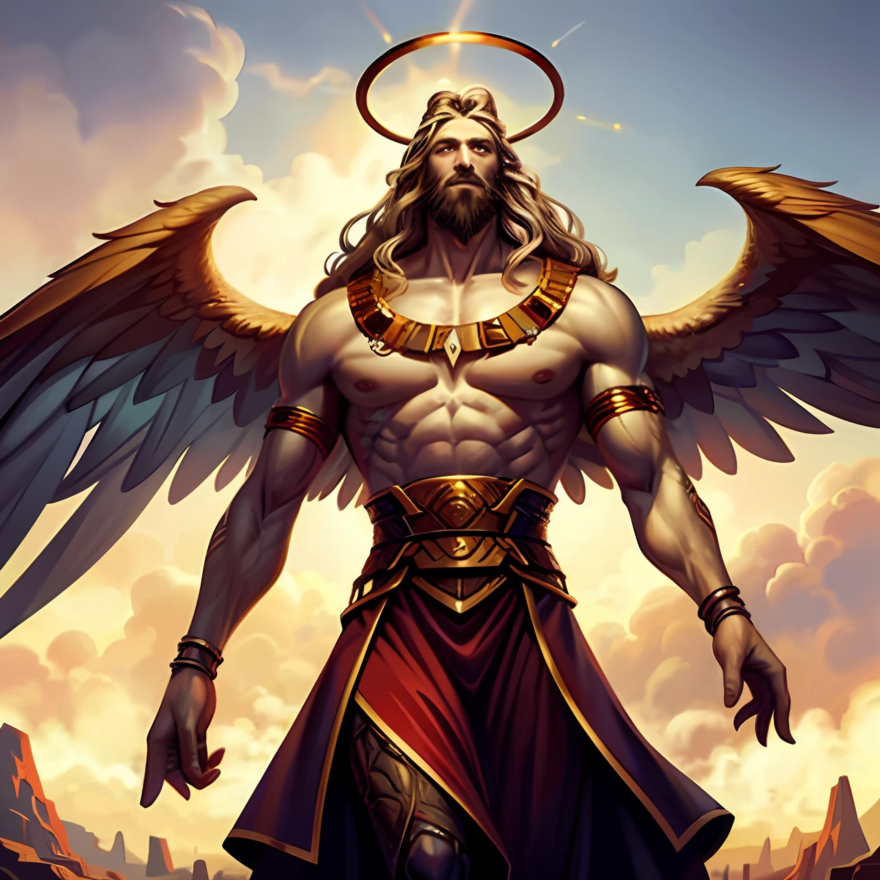 A young man in the shape of a fantz wlop, a giant man with a beard in bright red robes floating on the crystal throne floating on crystal clouds, yellow eyes, bright yellow light emitted from the throne, precious stones floating in the sky, God, with beams of light enveloping his body, feathered wings over the crystal throne, wings are open,  golden light (halo:1.2) over your head, muscular, beard, masculine, dark, masterpiece, best quality, intricate details, absurdities, DREAD, chromatic aberration, depth of field, soft lighting, mapped tone, highly detailed, concept art, smooth, sharp focus, dramatic lighting, highly detailed art, cinematic, 8K, incredible shadows (highly detailed background: 1.2)