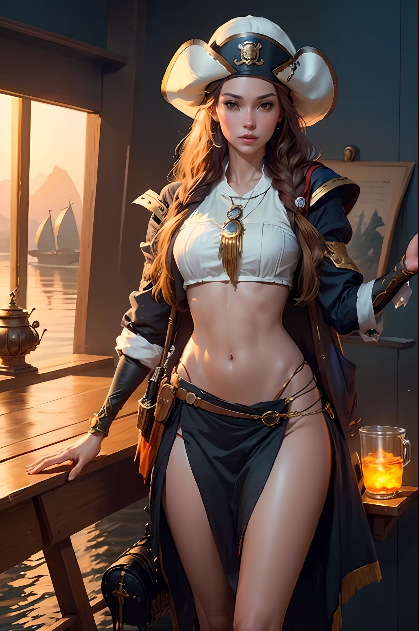 Masterpiece, best quality, (8k very detailed CG unit wallpaper) (best quality), (best illustration), (best shading) a golden sea wave, bright orange aol sunset through the wave, golden water drops flying, (:1. 6), fantasy medieval pirate, saber in hand, turban, pirate hat, cocked hat, on a boat, sails, sea and sky background, the only characters, correct female anatomy, art by Greg Rutkowski, digital art by artgerm, detailed art, masterpiece, digital painting, correct anatomy Translated with www.DeepL.com/Translator (free version)