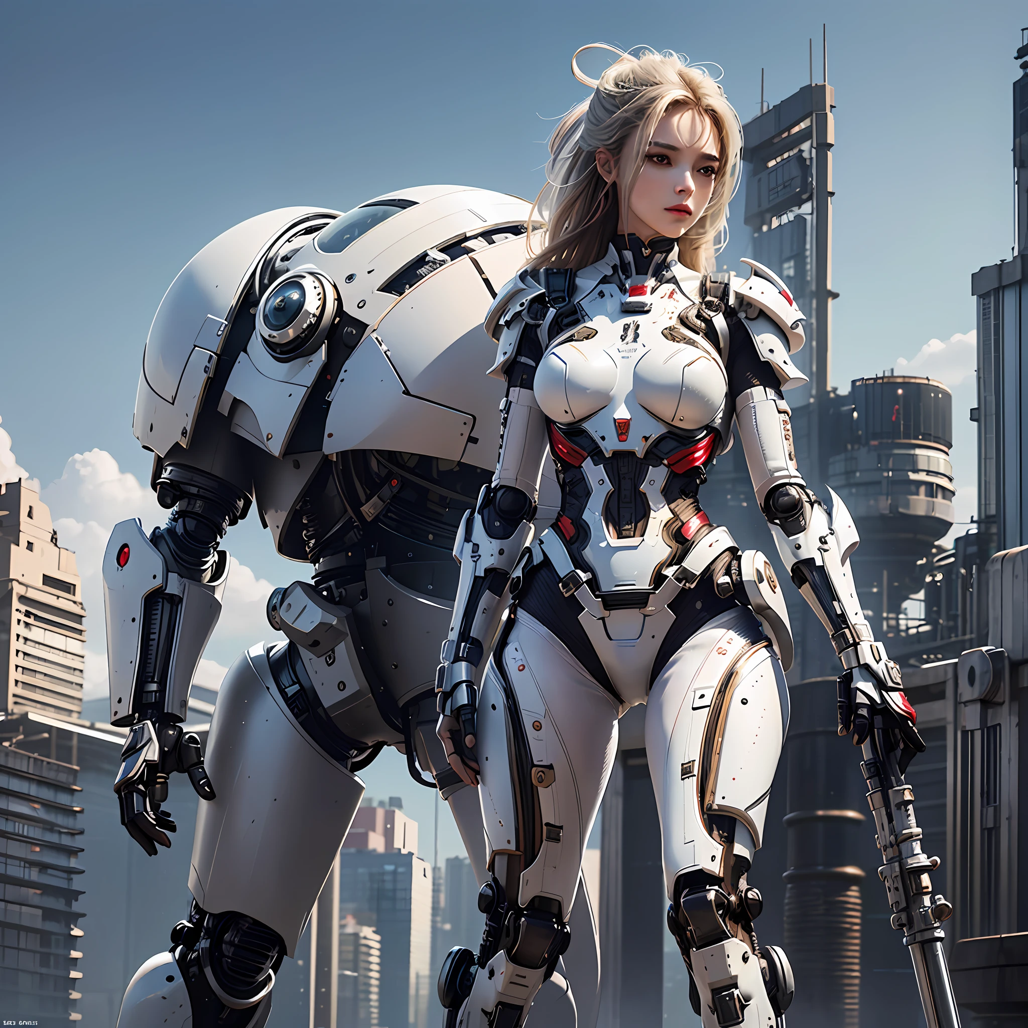 (masterpiece), (best quality), 8k resolution, RAW photo, realistic, 1girl, girl in exoskeleton, white armor, mechanical, stunning beauty, full body, standing beside a huge robot, stand, cool pose
