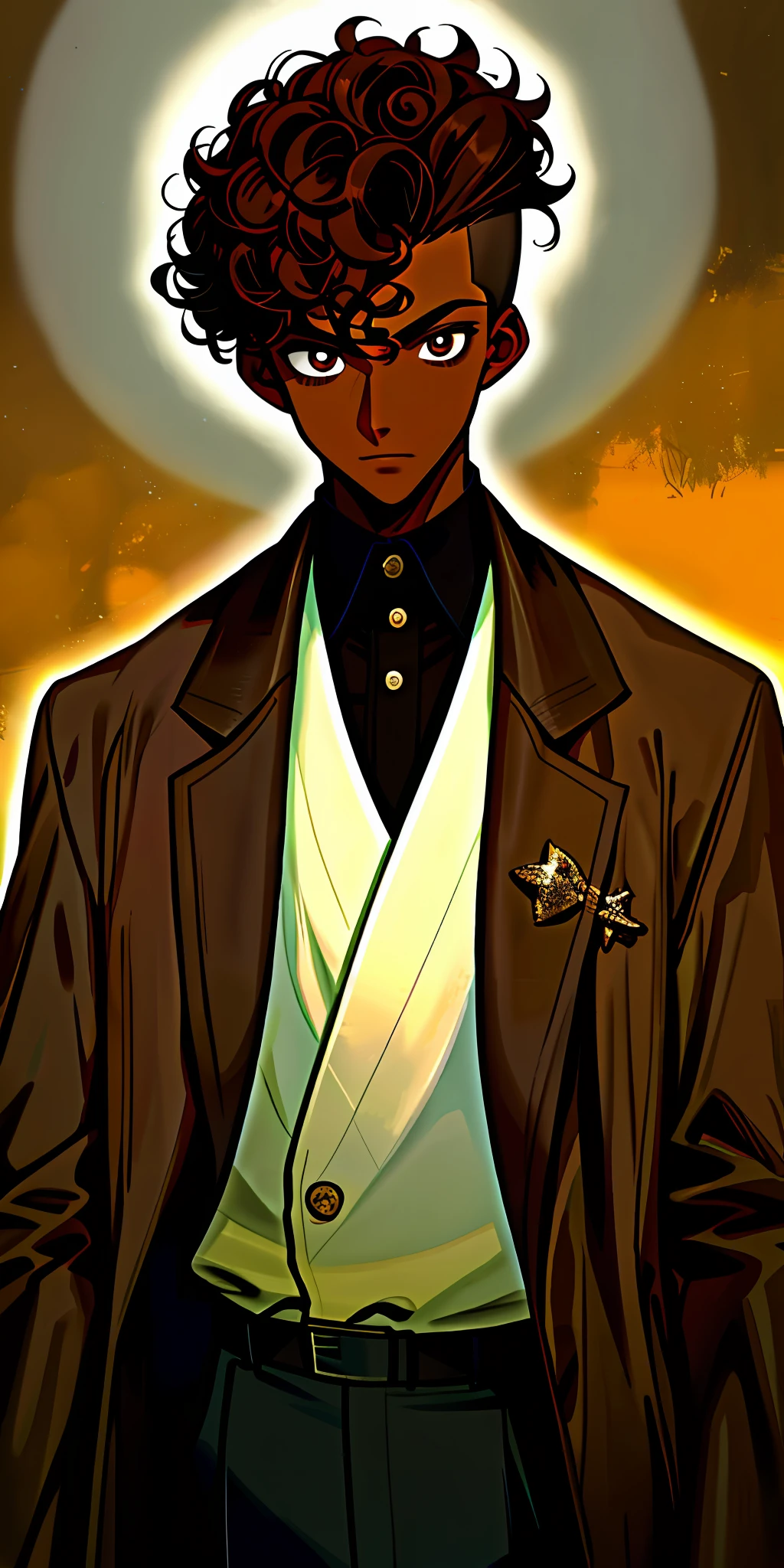 1boy, dark skin, short curly hair, shaved side, coat, brown eye