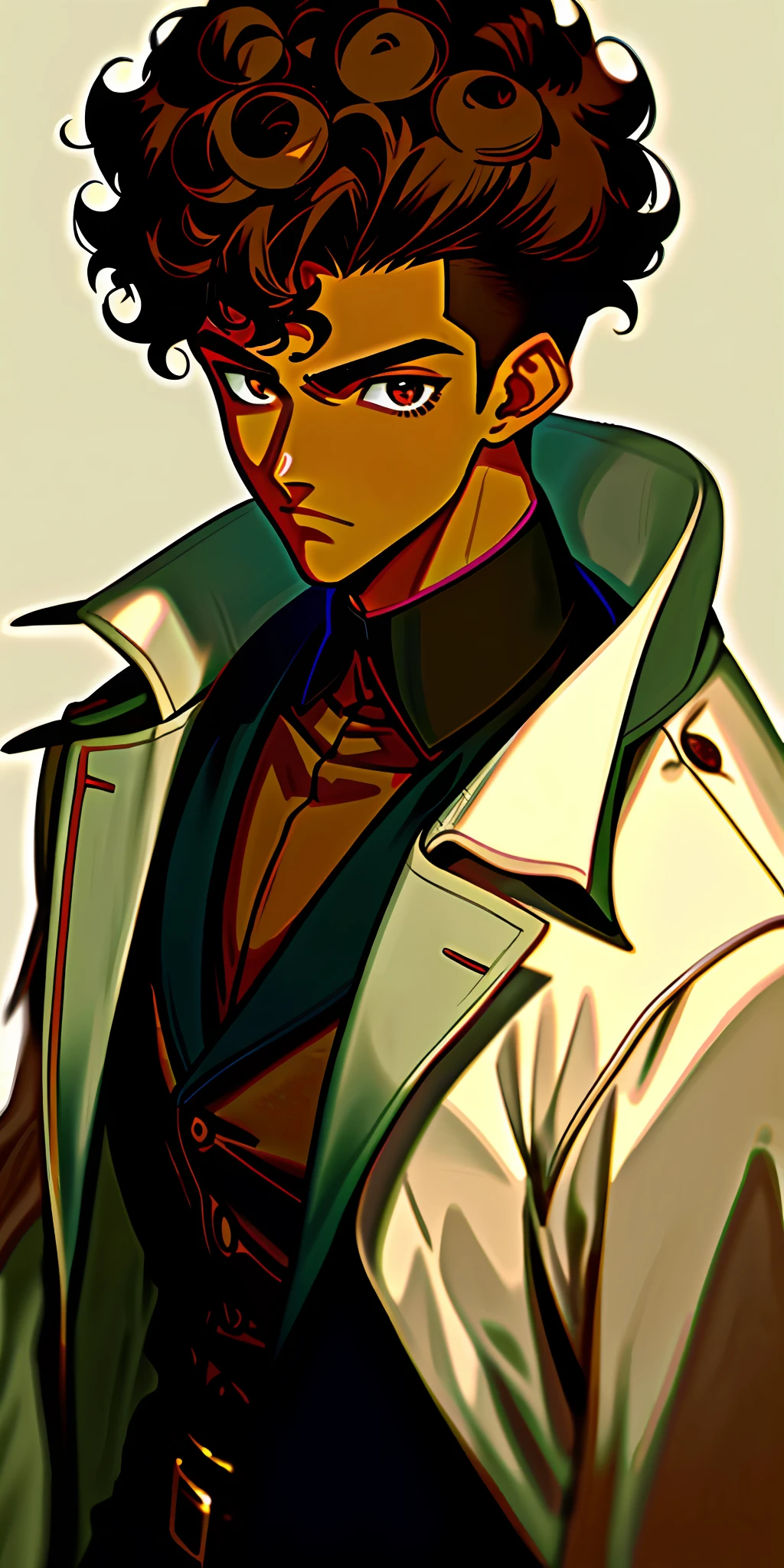 1boy, dark skin, short curly hair, shaved side, coat, brown eye