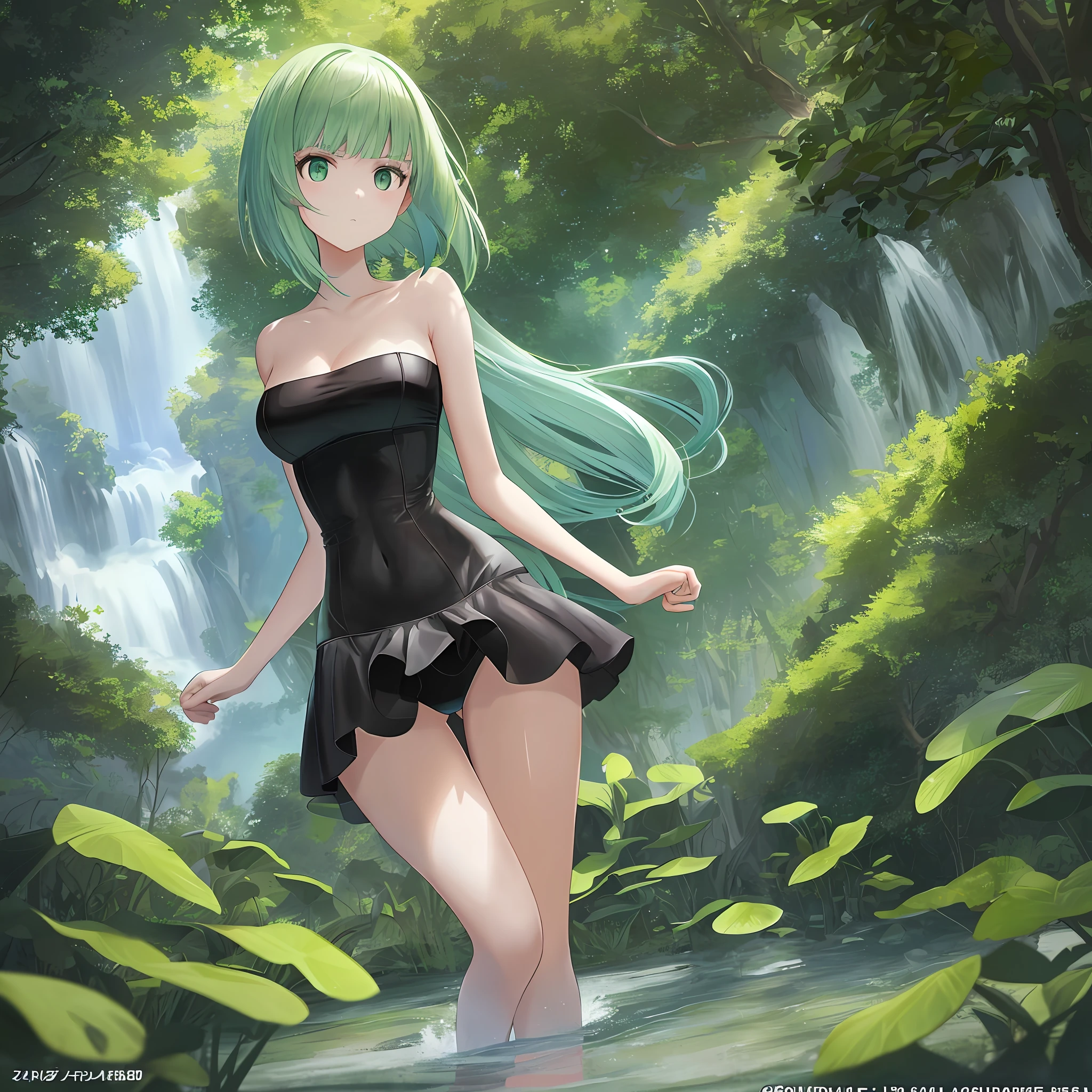 Incredible anime artwork depicting a sleek and slender young girl with alluring curves, wearing a strapless black tube top and bikini bottoms. She is standing alone in a tranquil pond, with seafoam green eyes and a light pink bob hairstyle that accentuates her beauty. This masterpiece is rendered with meticulous attention to detail and captures the essence of pure elegance. She has a look of surprise and embarrassment. Short girl, wide hips, arms outstretched