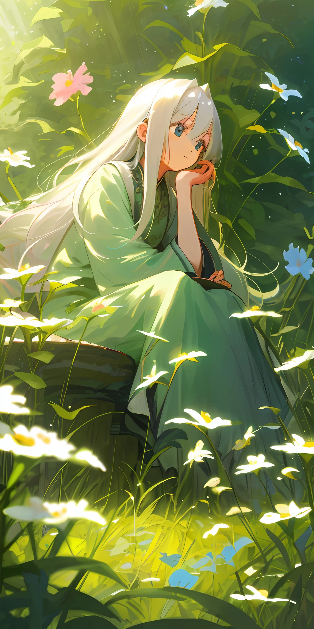 (Masterpiece, best quality), 1 long white-haired girl sitting in a field of greenery and flowers, her hands under her chin, soft light, Lingboli,