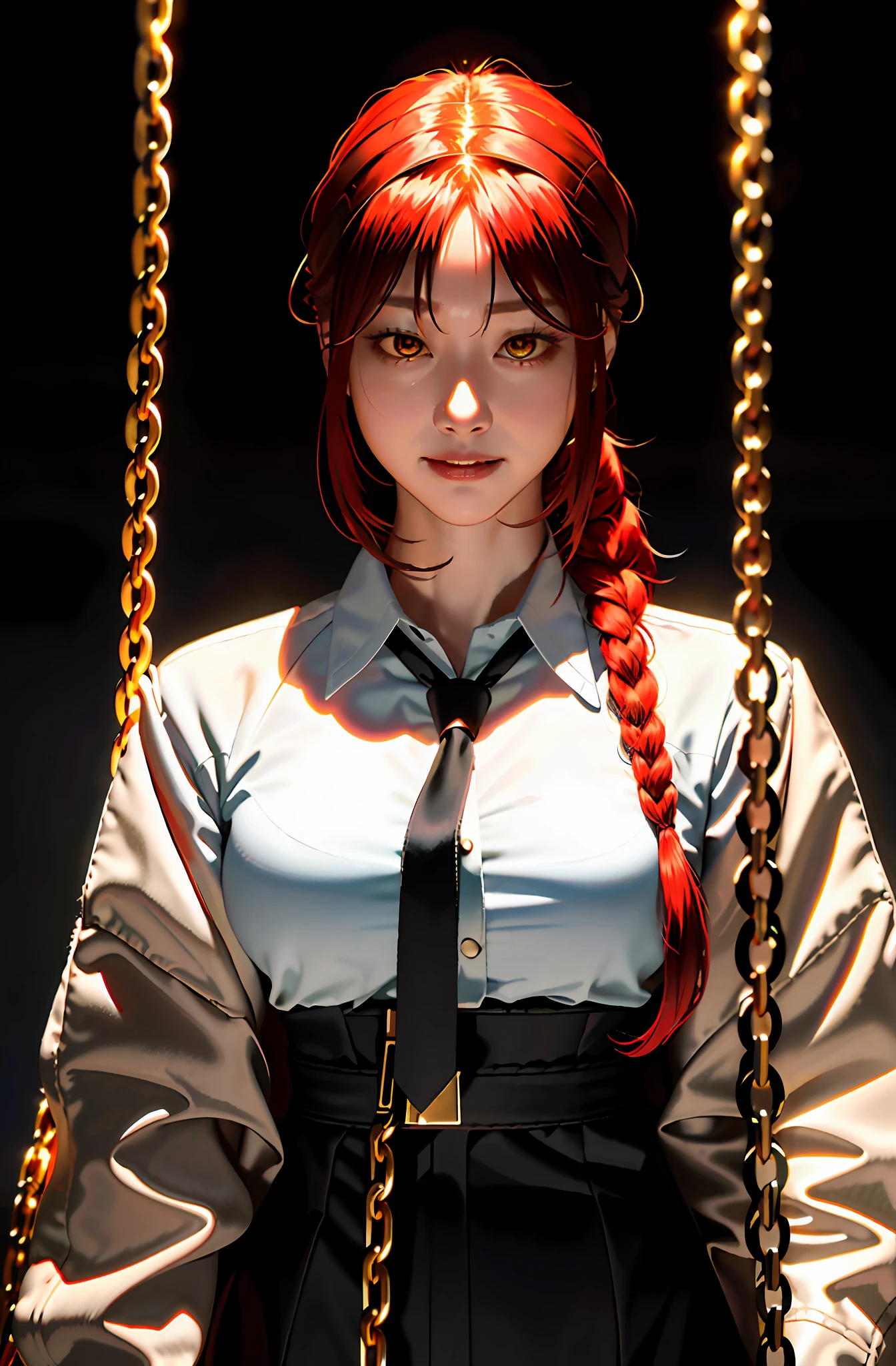 masterpiece, photorealistic, best quality, makima \(chainsaw man\), ultra detailed, 1girl, solo, standing, red hair, long braided hair, golden eyes, bangs, medium breasts, white shirt, necktie, stare, smile, (evil:1.2), looking at viewer, (interview:1.3), (dark background, chains:1.3), large breasts, covered, cum