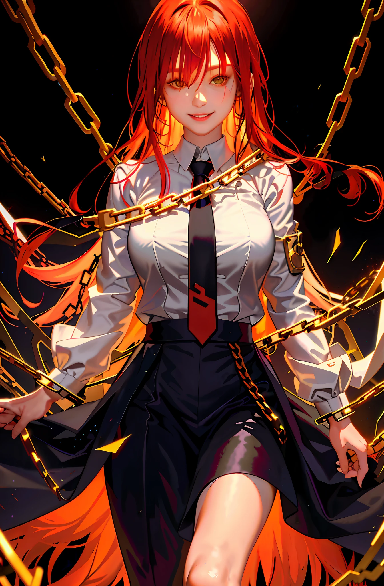 masterpiece, photorealistic, best quality, makima \(chainsaw man\), ultra detailed, 1girl, solo, standing, red hair, long braided hair, golden eyes, bangs, medium breasts, white shirt, necktie, stare, smile, (evil:1.2), looking at viewer, (interview:1.3), (dark background, chains:1.3), large breasts, covered, cum