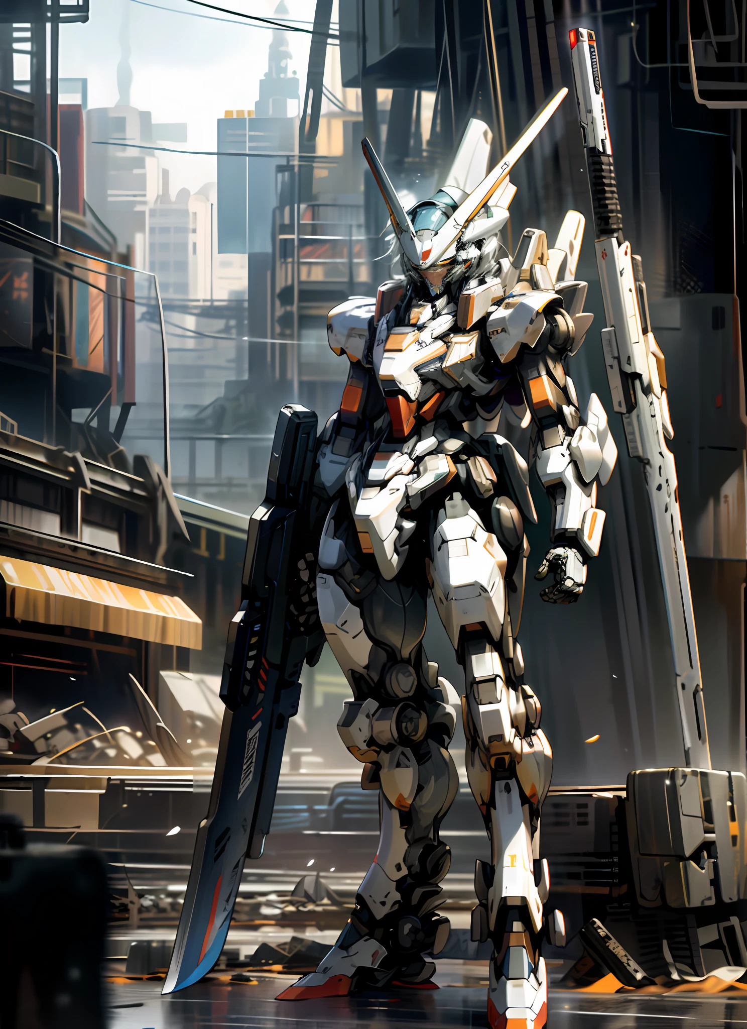 Surrealism, ray tracing, UHD, high details, 8k, best quality, textured skin, Gundam mech, masterpiece, best quality, mecha, unmanned, (full body), (white mech: 1.5), (axisymmetric: 1.4), (HDR), (movie light: 1.1), white eyes, cool, science fiction, fire, laser cannon beam, war, conflict, destroyed city background handheld weapon, (Holding a huge weapon: 1.5), holding an oversized shield, mech man,