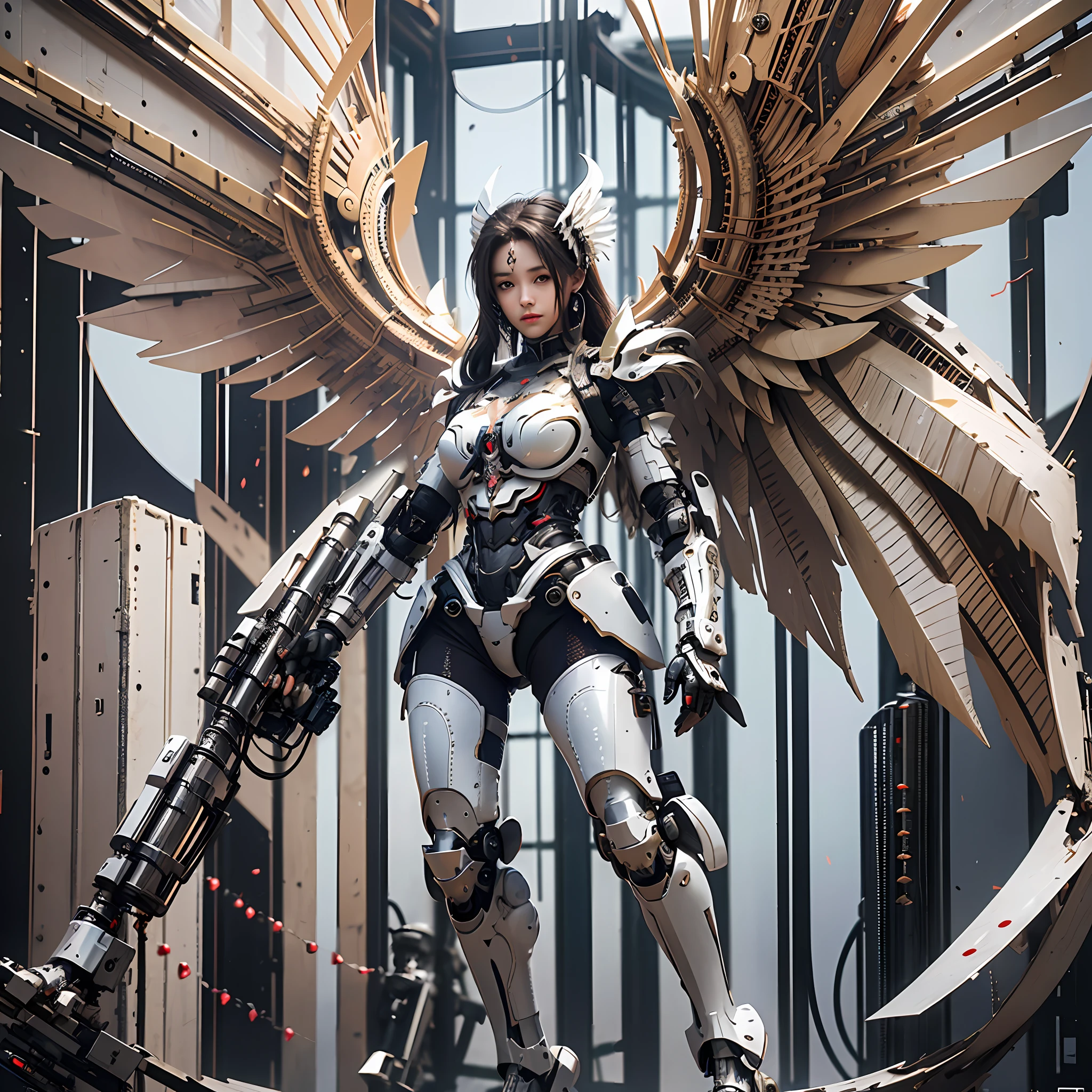 (masterpiece), (best quality), 8k resolution, RAW photo, realistic, 1girl, girl in exoskeleton, white armor, big mechanical wings, stunning beauty, full body, stand, cool pose