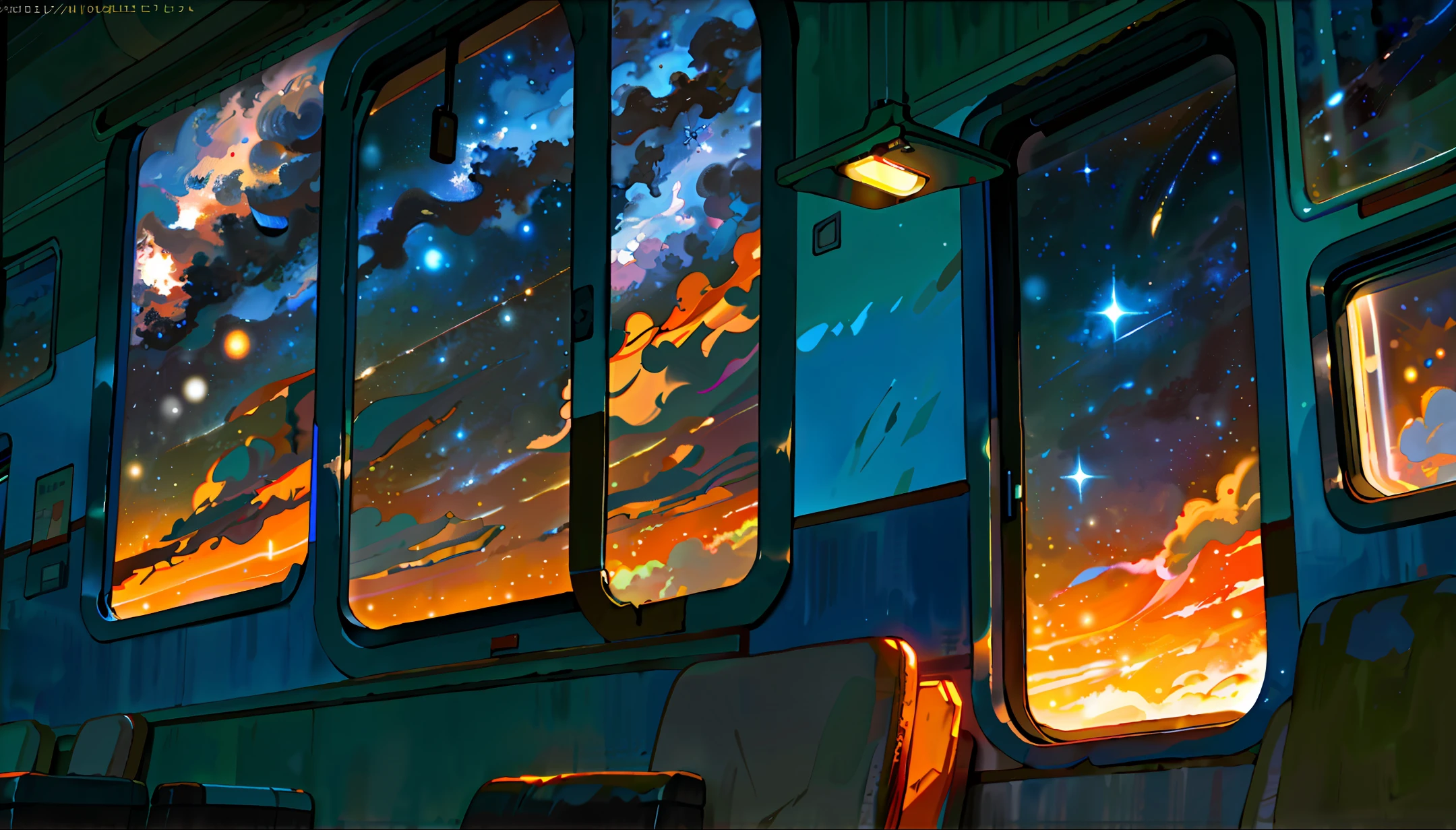 A painting (realistic oil painting style) can see the Milky Way through the train window, and the window is filled with the light emitted by the Milky Way, highly detailed, bright,