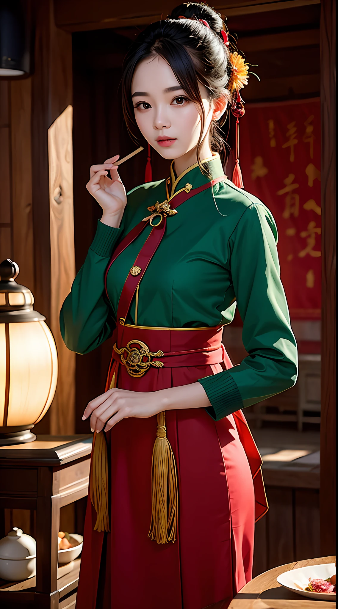 cute woman,dark green uniform,(of the best quality)(masterpiece)(realistic)(detailed) ((Night, full moon)),dragon dances, fireworks, Red walls, stone streets, roads, tiles, beams, wooden doors, crocks, green trees, vegetation, flowers, stone floors, Red earth walls, red wooden beams, red lanterns, Steamed bun, steamer, chopsticks, porcelain bowl, wine jar, vase, yellow dog, lying, lying Carriages, chests, rivets, ropes, hooks, clamps, rattles, Crowds, children, women, young, old, shopping, leisure, fun, decorating, playing, Eastern, traditional, ancient, dystopian, delicate, soft, bright, cheerful, Song,pureerosface_v1,ulzzang-6500-v1.1