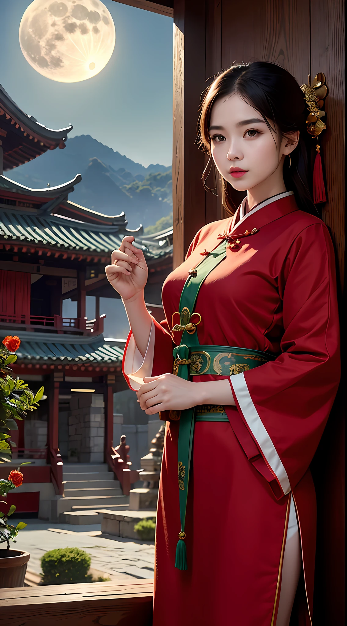 cute woman,dark green uniform,(of the best quality)(masterpiece)(realistic)(detailed) ((Night, full moon)),dragon dances, fireworks, Red walls, stone streets, roads, tiles, beams, wooden doors, crocks, green trees, vegetation, flowers, stone floors, Red earth walls, red wooden beams, red lanterns, Steamed bun, steamer, chopsticks, porcelain bowl, wine jar, vase, yellow dog, lying, lying Carriages, chests, rivets, ropes, hooks, clamps, rattles, Crowds, children, women, young, old, shopping, leisure, fun, decorating, playing, Eastern, traditional, ancient, dystopian, delicate, soft, bright, cheerful, Song,pureerosface_v1,ulzzang-6500-v1.1