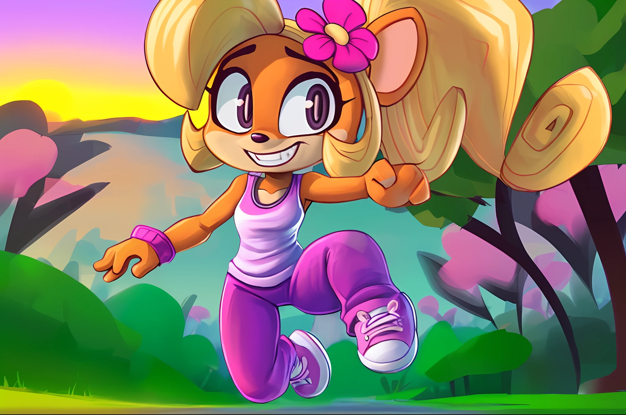 coco bandicoot, jogging, dynamic active running pose, smile (white teeth cute fang), running towards the camera, in a park and next to a lake, white tank top, pink yoga pants, pink running shoes, ponytail, pink flower in hair, sunrise in background, sweaty