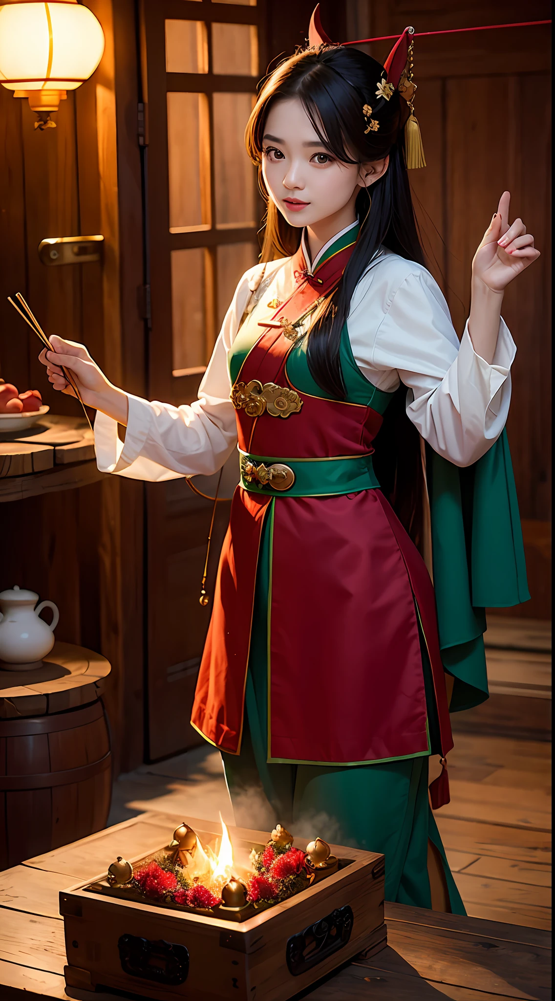 cute woman,dark green uniform,(of the best quality)(masterpiece)(realistic)(detailed) ((Night, full moon)),dragon dances, fireworks, Red walls, stone streets, roads, tiles, beams, wooden doors, crocks, green trees, vegetation, flowers, stone floors, Red earth walls, red wooden beams, red lanterns, Steamed bun, steamer, chopsticks, porcelain bowl, wine jar, vase, yellow dog, lying, lying Carriages, chests, rivets, ropes, hooks, clamps, rattles, Crowds, children, women, young, old, shopping, leisure, fun, decorating, playing, Eastern, traditional, ancient, dystopian, delicate, soft, bright, cheerful, Song,pureerosface_v1,ulzzang-6500-v1.1