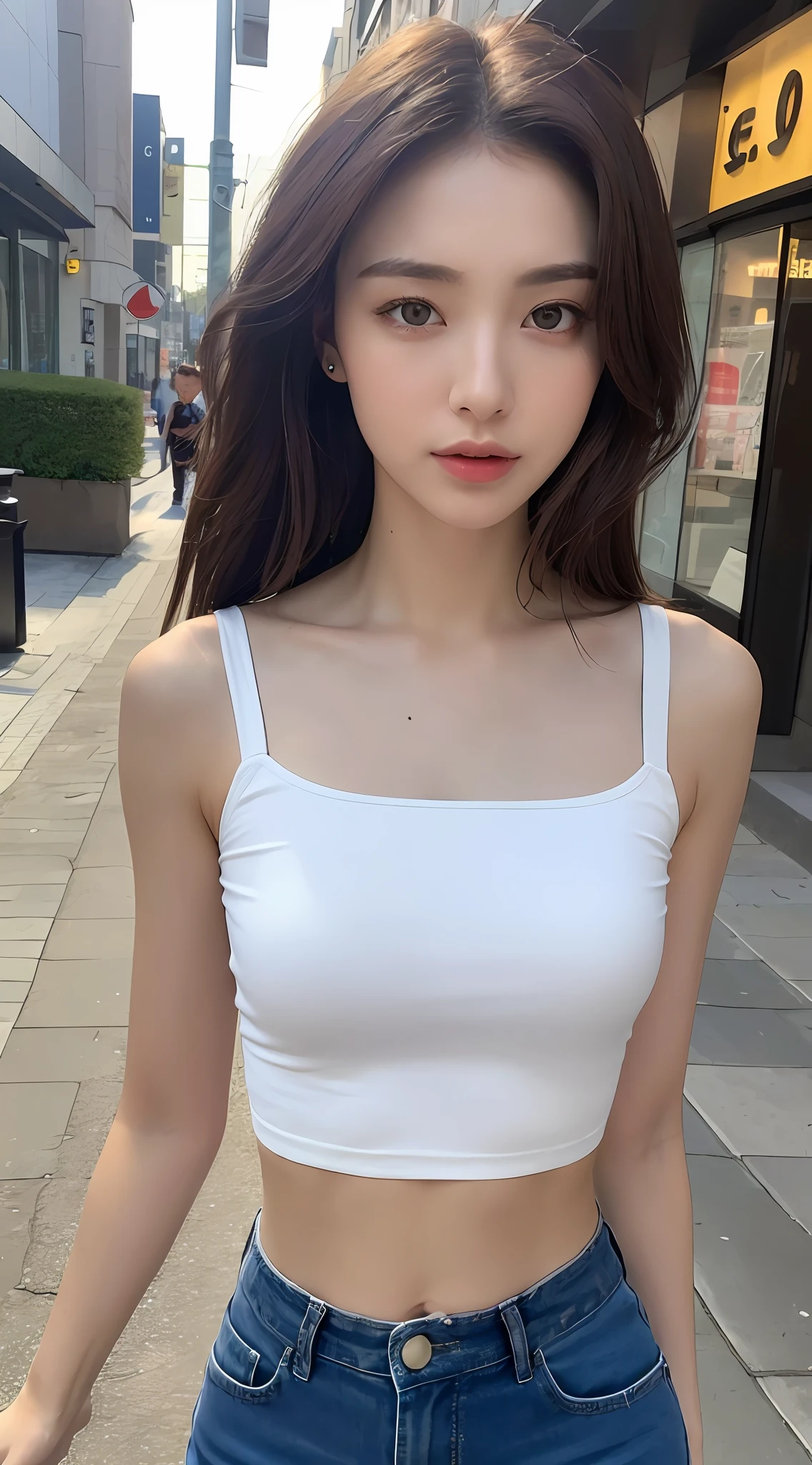 ((Realistic lighting, Best quality, 8K, Masterpiece: 1.3)), Clear focus: 1.2, 1girl, Perfect Figure: 1.4, Slim Abs: 1.1, ((Dark brown hair)), (White crop top: 1.4), (Outdoor, Night: 1.1), City streets, Super fine face, Fine eyes, Double eyelids,