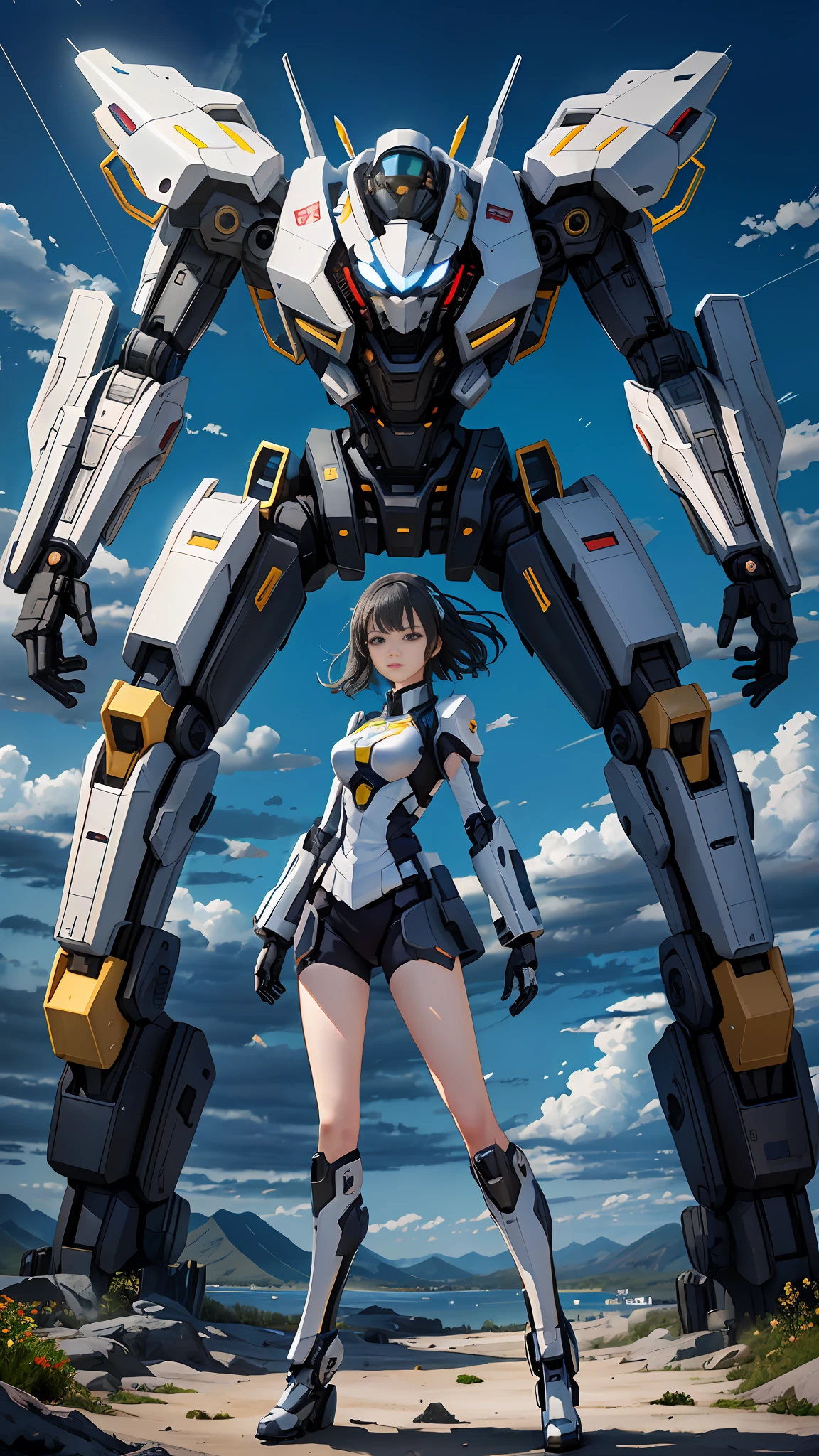 ((最高品質)), ((傑作)), (高精細:1.3), 3D,シツメカ, sky, cloud, holding_weapon, no_humans, glowing, , robot, building, glowing_eyes, mecha, science_fiction, city, realistic,mecha
Negative prompt: (worst quality, low quality:1.4), (bad_prompt_version2:0.8), EasyNegative, badhandv4, text, name, letters, watermark
Size: 512x704, Seed: 2799399001, Model: MechaMix, Steps: 20, Sampler: DPM++ 2S a Karras, CFG scale: 7, Clip skip: 2, Model hash: 5ce465ab8c, Hires steps: 20, Hires upscale: 2, Hires upscaler: R-ESRGAN 4x+ Anime6B, Denoising strength: 0.5