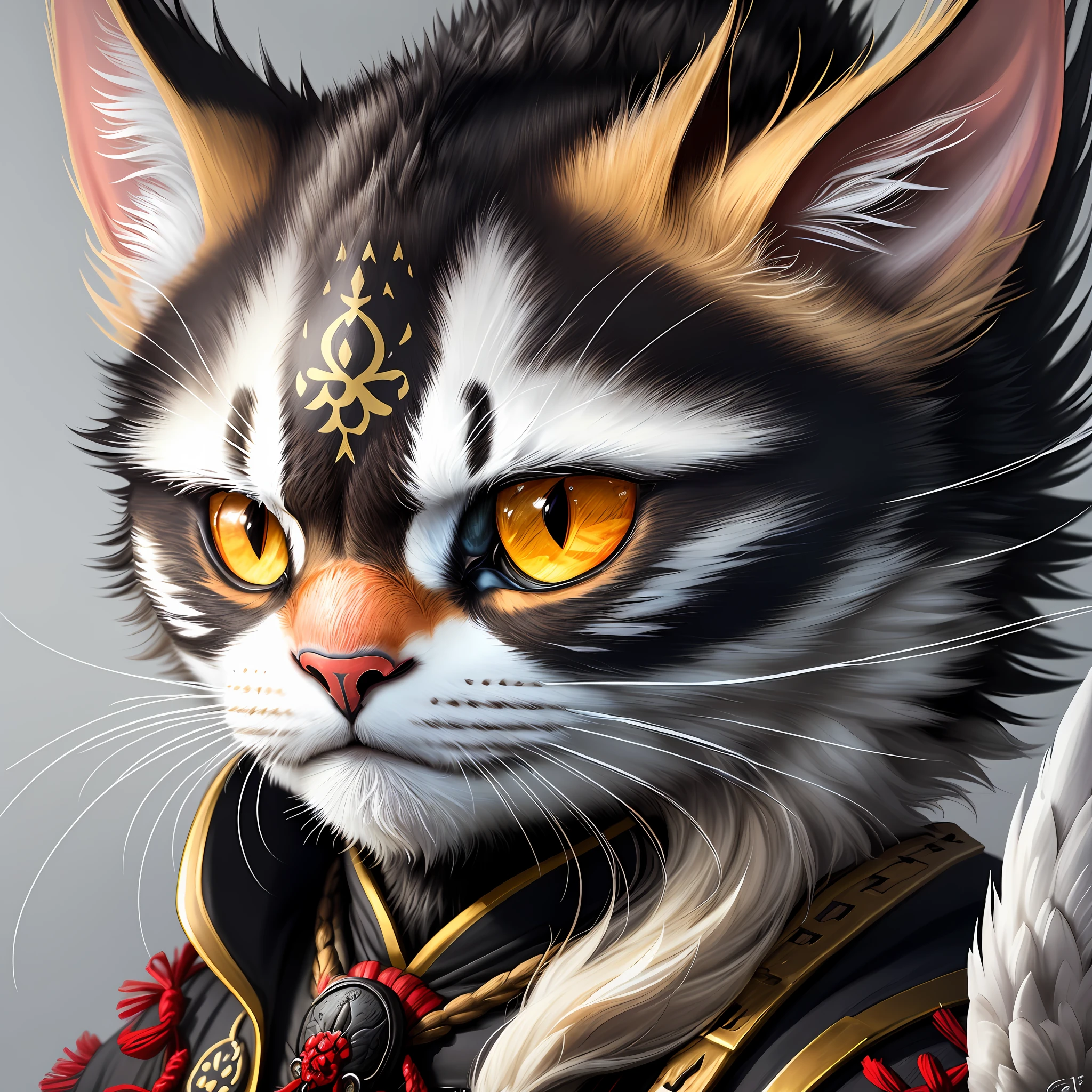 a closeup of a samurai cat with a dripping paint effect, samurai cat head, cat, a cat, art by alessandro pautasso, aves f cgsociety, by Galen Dara, on detailed art, falvie, detailed portrait, highly detailed colors, highly detailed art, detailed realistic colors, head of an eagle, highly detailed digital art