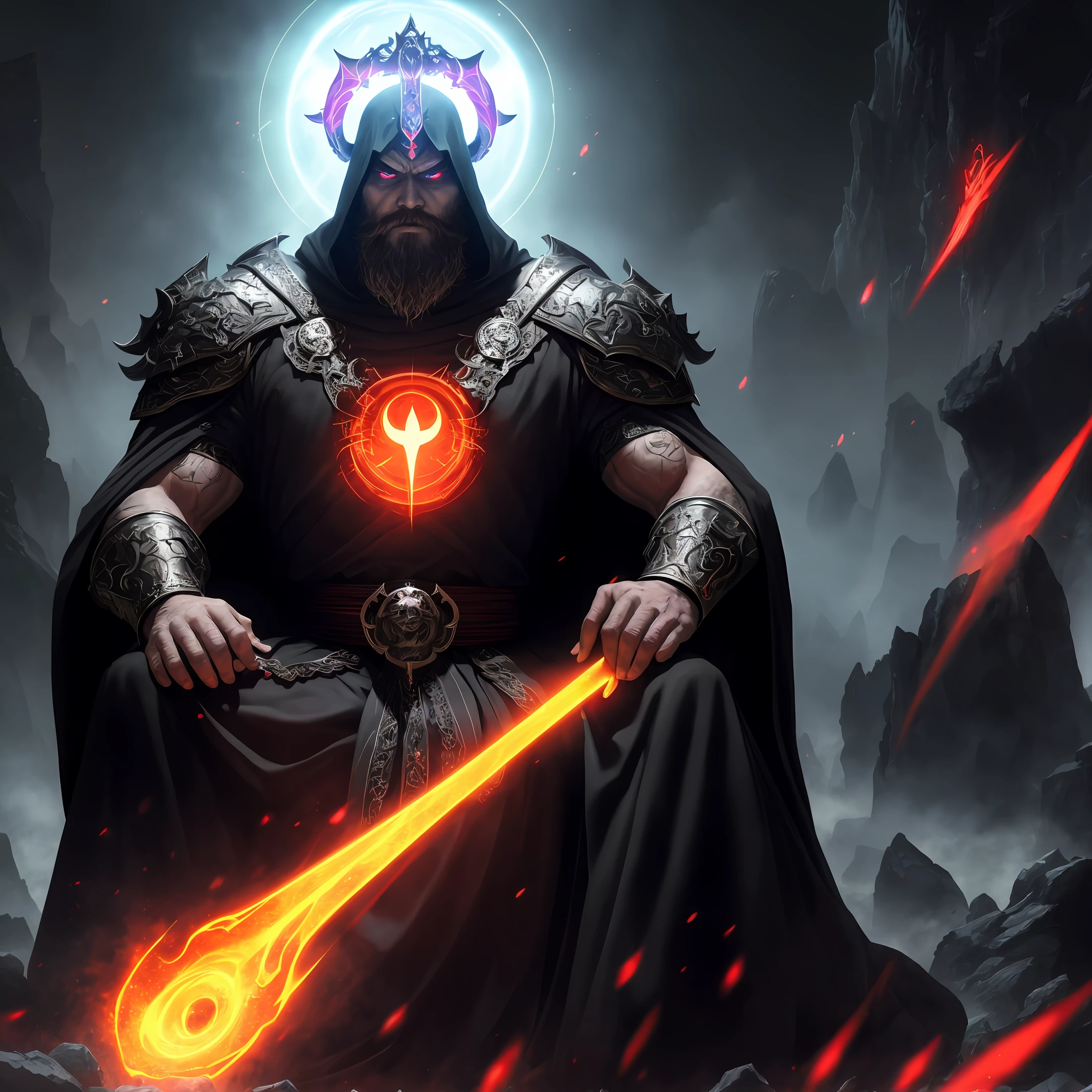 An isodo man in demon form, giant beardless man in shining black cloak and floating on the throne blood on stones, red eyes, bright purple light emitted from the throne, with beams of light enveloping his body, (halo:1.2) over his head, muscular, beard, masculine, dark, masterpiece, best quality, intricate details, absurdities, DREAD, chromatic aberration, depth of field, soft lighting, mapped tone, highly detailed, concept art, smooth, sharp focus, dramatic lighting, highly detailed art, cinematic, 4K, amazing shadows (highly detailed background: 1.2)
