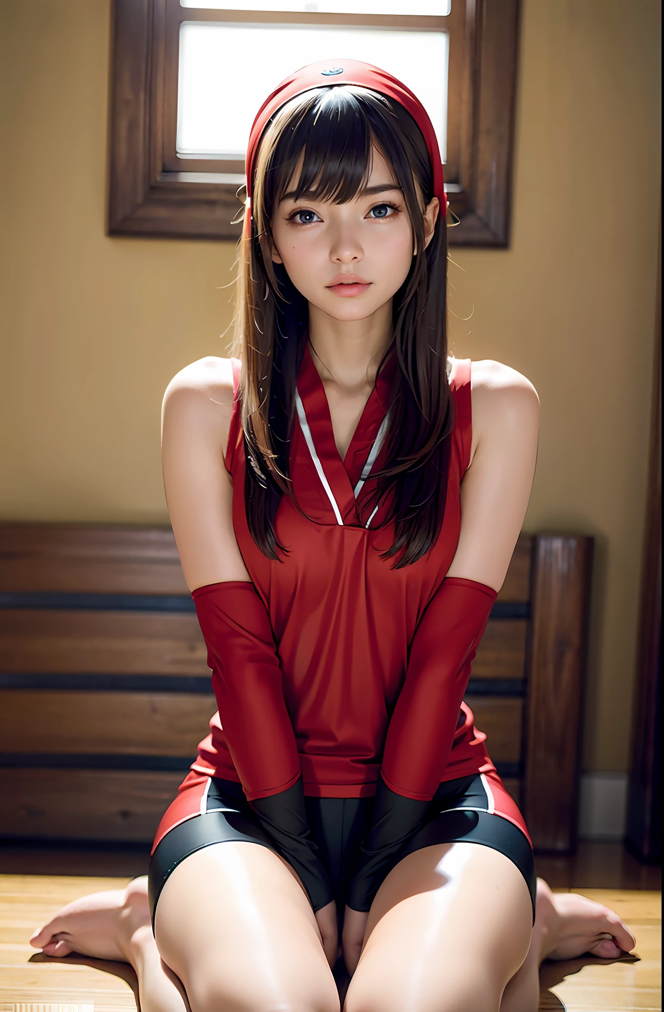 ((Spandex Shorts: 1.3)), Red Ninja Outfit, Ninja, Simple Costumes, (8k, RAW Photography, Best Quality, Masterpiece: 1.2), (Realistic, Photorealistic: 1.37), One Girl, Cute, Professional Lighting, Physically Based Rendering, Handsome, Masterpiece, Best Quality, High Definition, Bed, Kneeling Seat, Top Quality Photos, High Resolution, 1080p, ( Clear Face), (Detailed Face Description), (Detailed Hand Description), (Masterpiece), (Elaborate CG), (Detailed Facial Features), (Top Quality Photos), (Masterpiece), (Detailed Eyes)