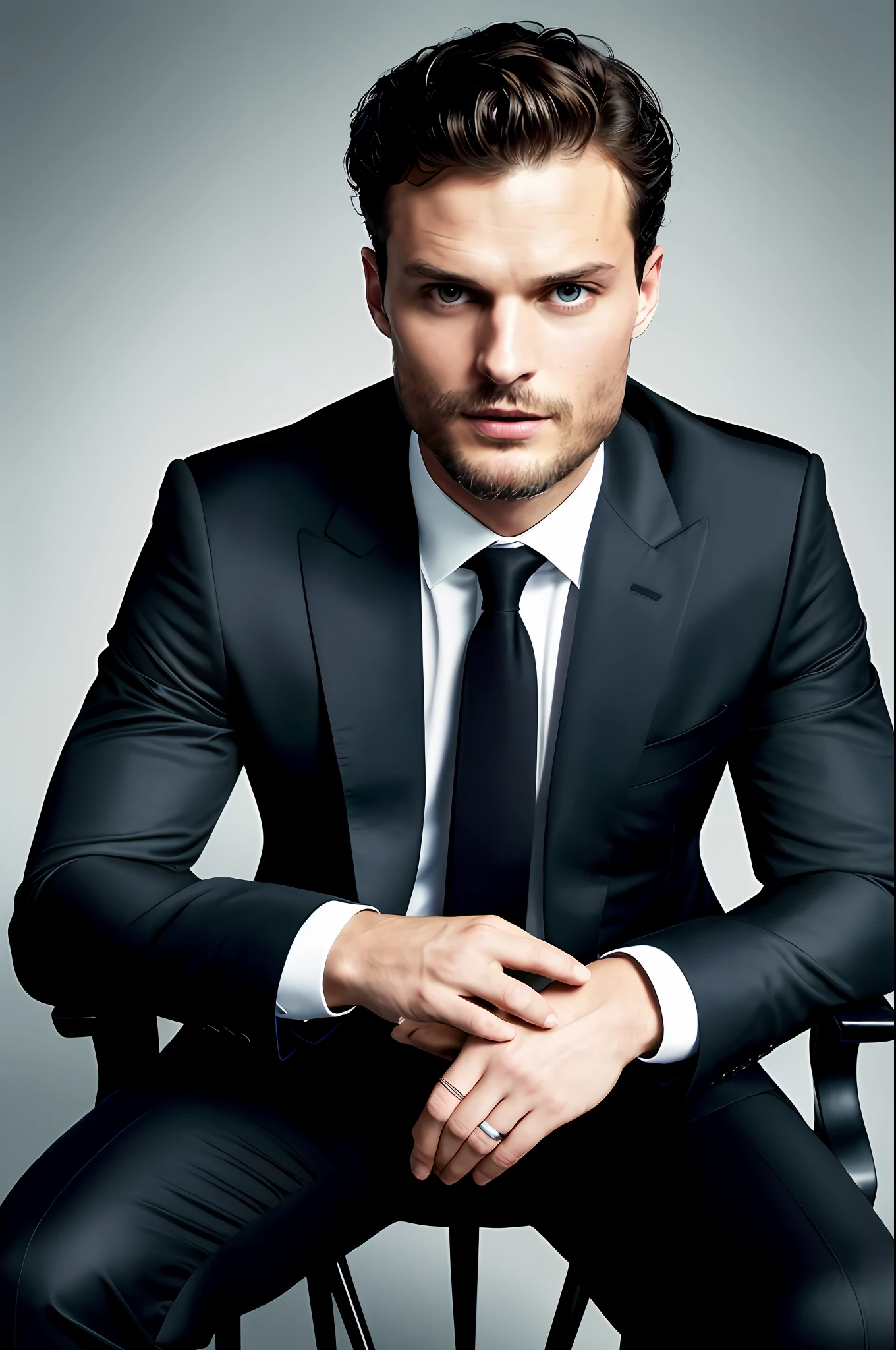 create a ceo wearing black suit without tie), looking at the center of the image, sitting on a throne, Jamie Dornan, (Moreno with symmetrical model face), wearing thin beard, dark short hair, magazine cover style, man similar to actor jamie dornan, (high quality and realistic image), black dark background, cinematic style, ((Best quality, 8k, Masterpiece).